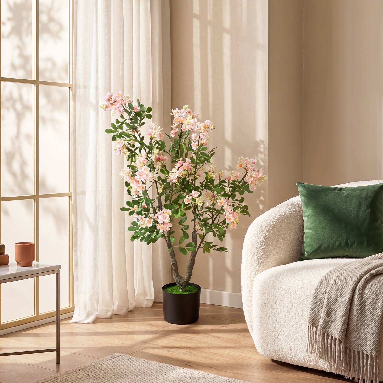 Alt View 1. Gymax - Gymax 36'' Artificial Impatiens Blossom Tree w/ Mini Fruits Faux Grass for Porch - Pink.