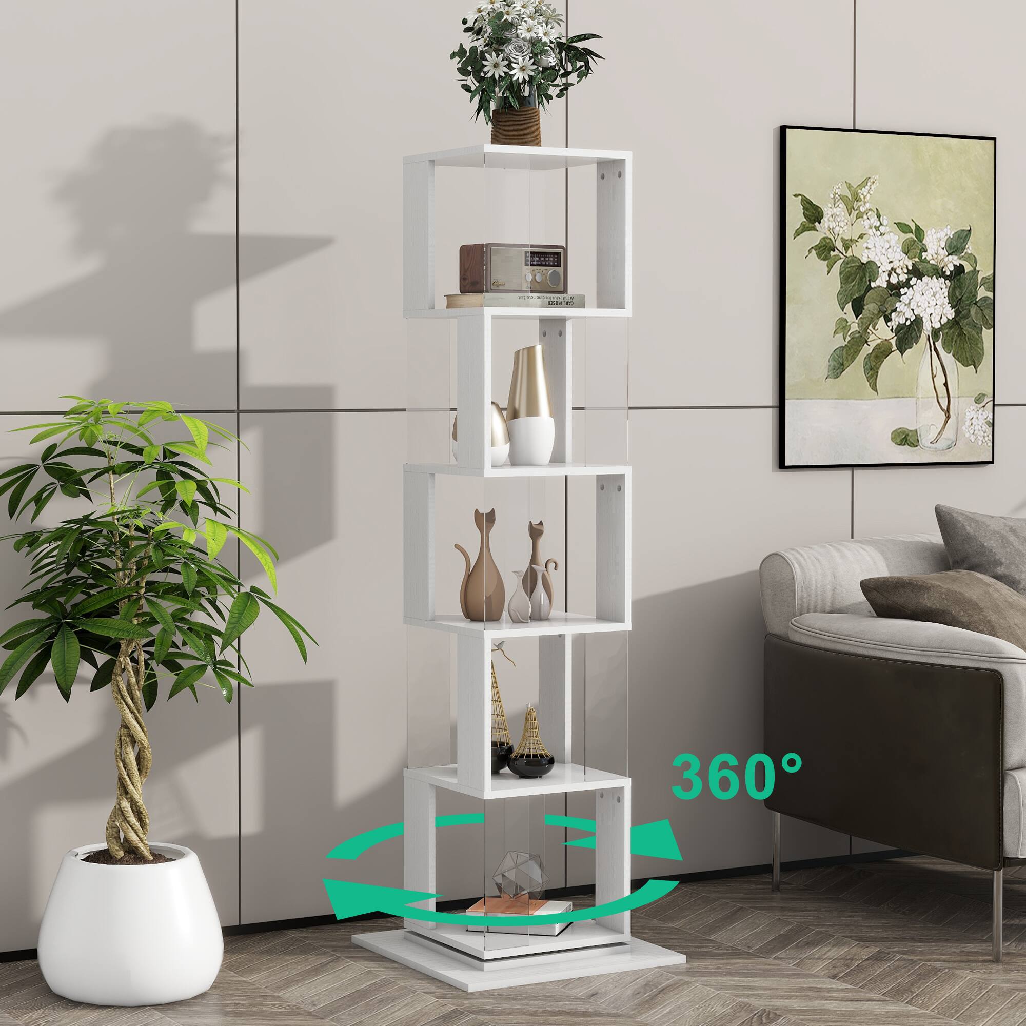 Alt View 5. Tiramisubest - 5 Tier Rotating Bookshelf,Floor Rack Simple Bookcase,Multi-Function Creative Bookshelf with anti-toppling base,White - White.