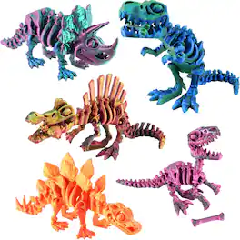 JuzToys - 5PCS 3D Printed Dinosaur Skeletons T-Rex Triceratops Stegosaurus Velociraptor Spinosaurus Dragon Animal Toys by PowerTRC - Multicolored