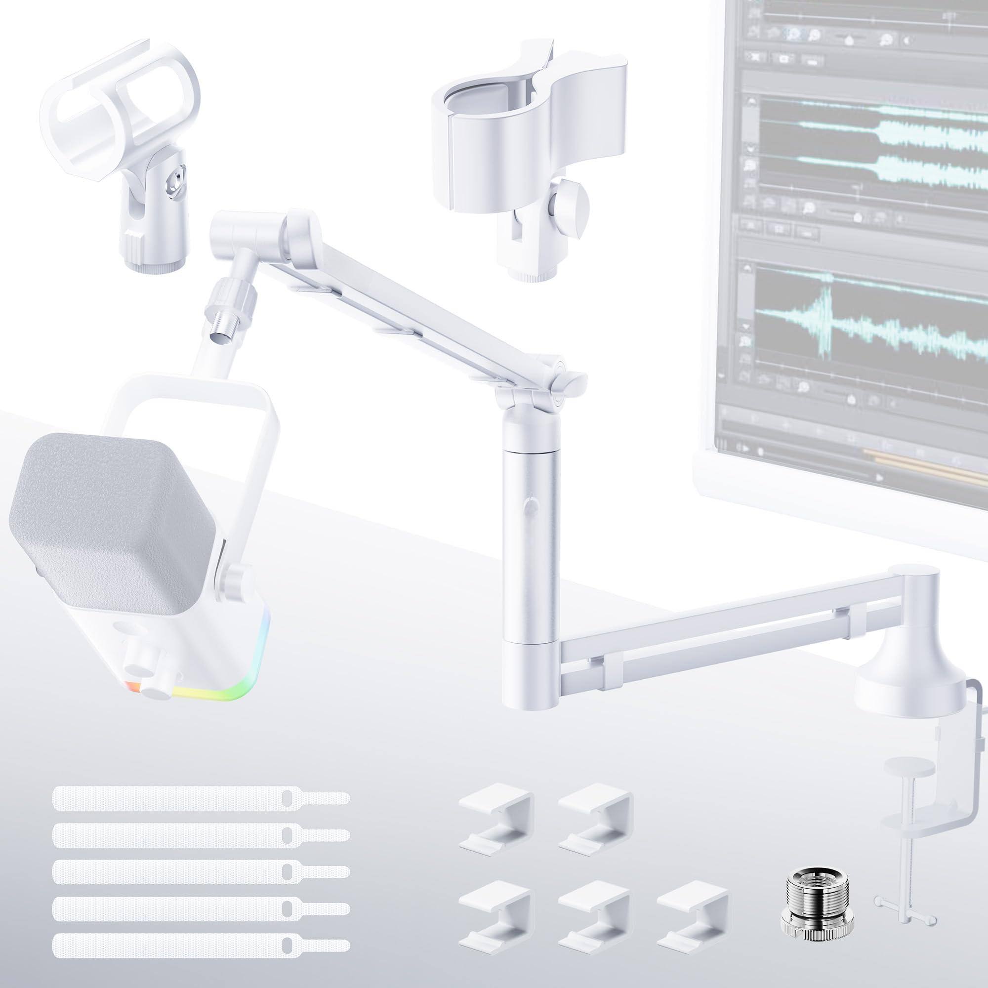 Front. Dazzling Pops - M05 Pro Boom Arm 360 Rotatable Microphone Stand With Desk Mount Foldable Mic 3 8 To 5 8 Screw Adapter For - White (M05 pro).