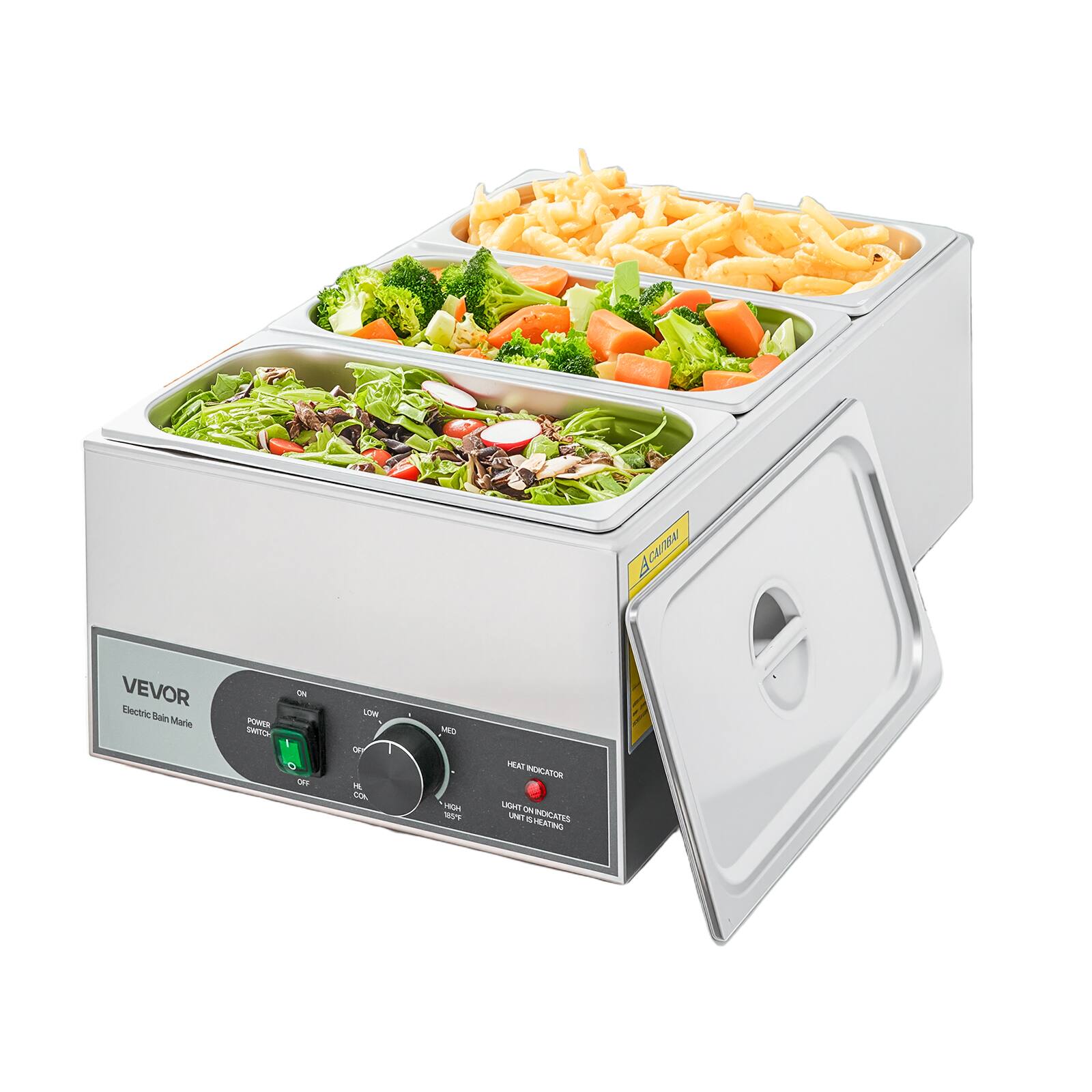 GLOBAL  
VEVOR Electric Bain Marie  
ON POWER SWITCH I O OFF  
LOW OFF A CON  
MED HIGH 180F  
HEAT INDICATOR LIGHT ON WHEN HEATING INDICATES