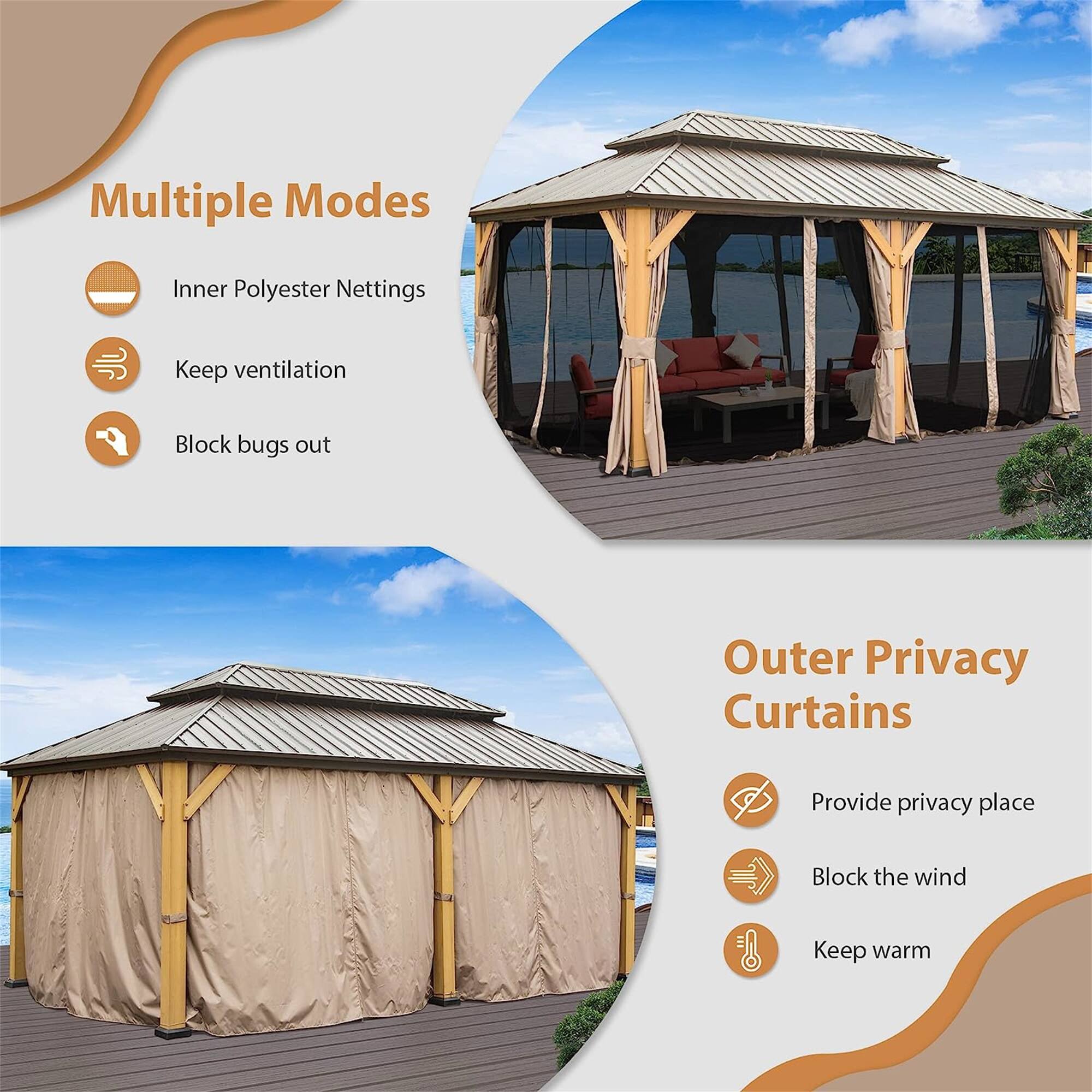 Multiple Modes  
- Inner Polyester Nettings  
- Keep ventilation  
- Block bugs out  

Outer Privacy Curtains  
- Provide privacy place  
- Block the wind  
- Keep warm