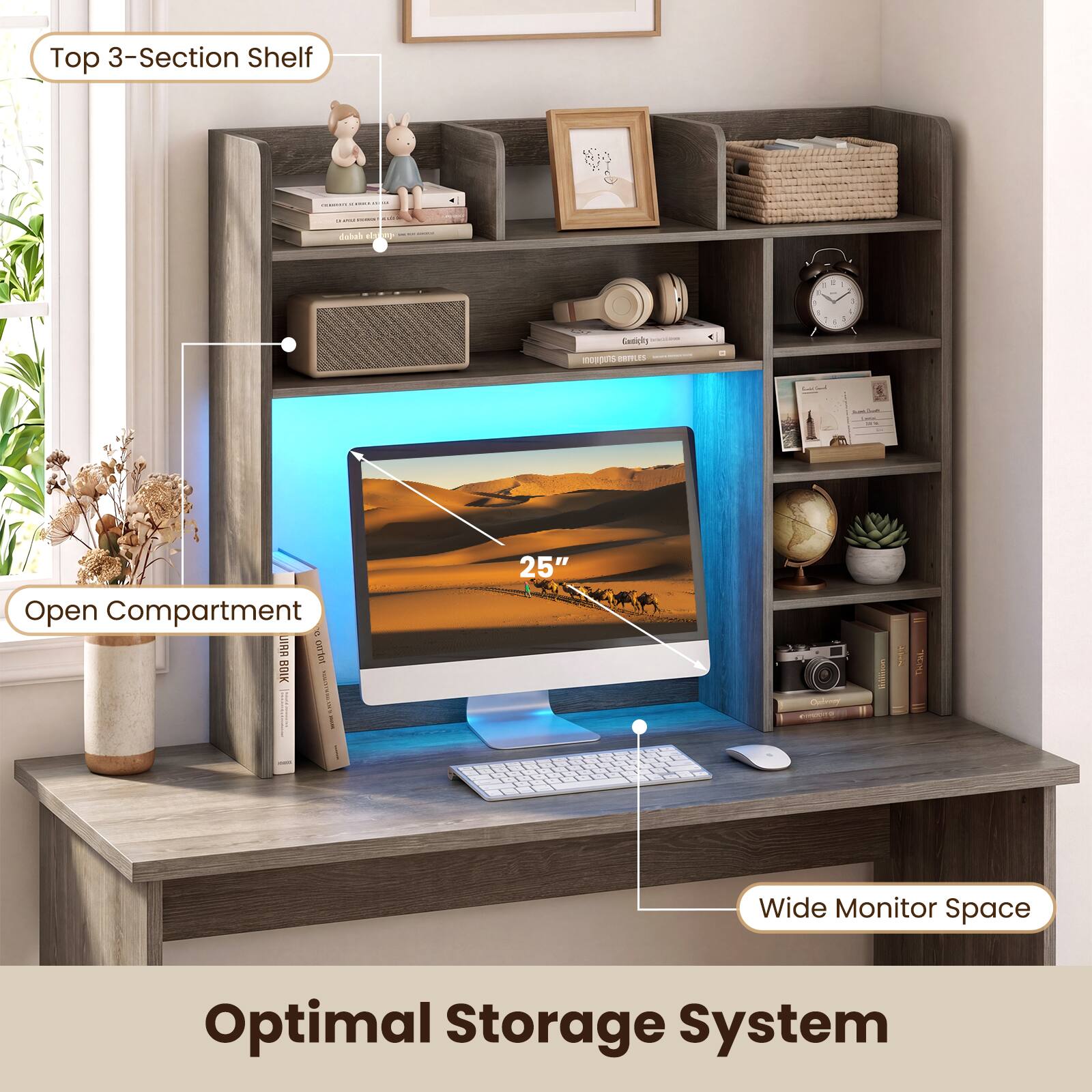 Top 3-Section Shelf

Open Compartment

Wide Monitor Space

Optimal Storage System