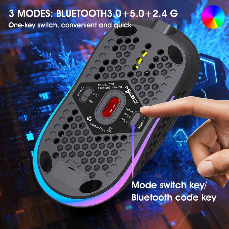 3 MODES: BLUETOOTH3.0+5.0+2.4 G  
One-key switch, convenient and quick  

MODEL: T90 Bluetooth mouse  
Switch: OFF / ON  
2.4GHz / BT3.0 / BT5.0  
Made in China  

Mode switch key/ Bluetooth code key