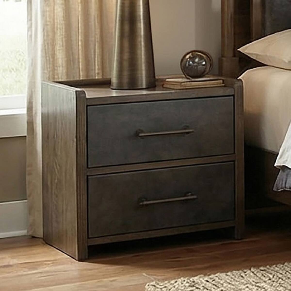 Angle. Loheer - Loheer Mid Century Modern Nightstand, Two Drawer Bedside Table in Dark Walnut - Dark Walnut.