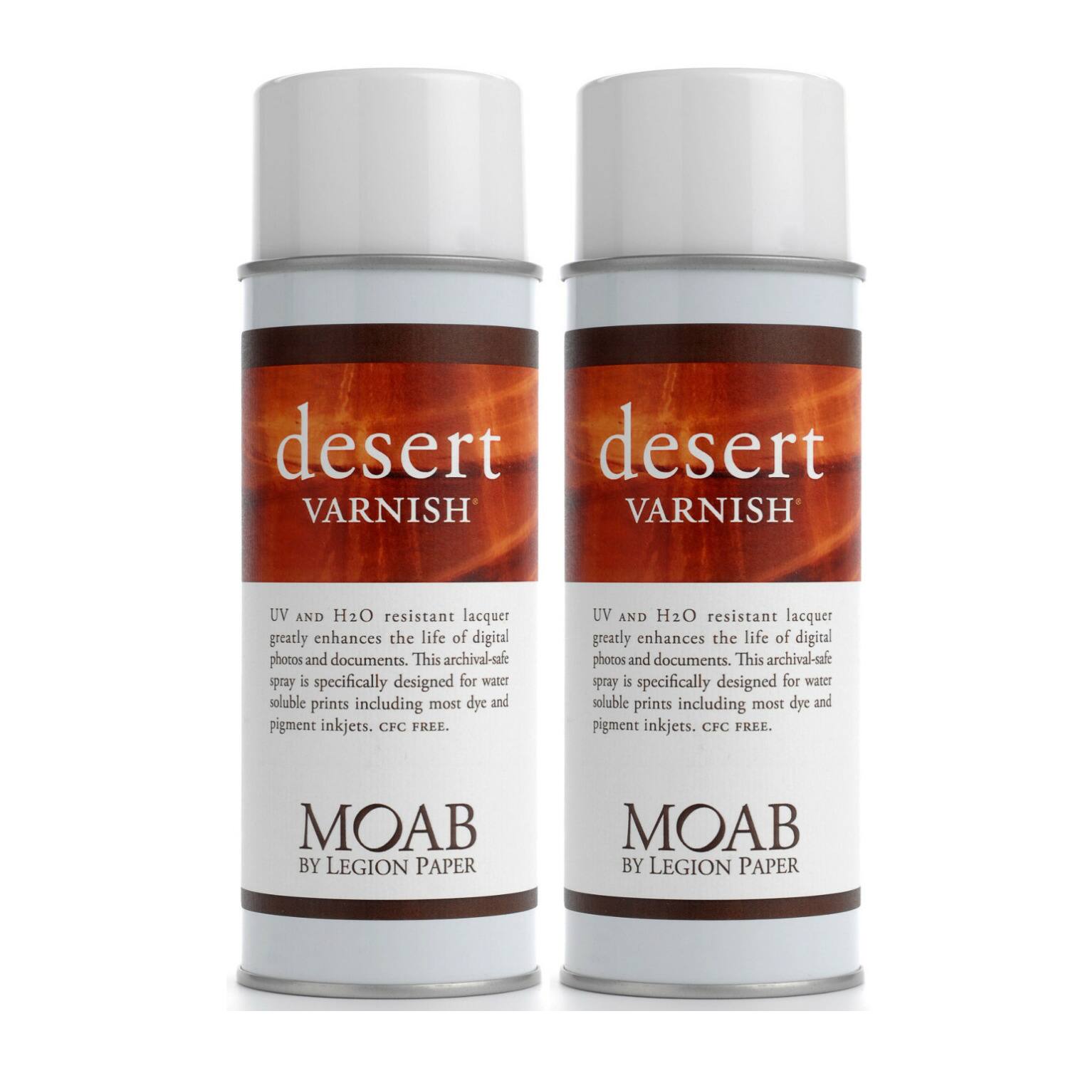 desert VARNISH UV AND H2O resistant lacquer greatly enhances the life of digital photos and documents. This archival-safe spray is specifically designed for water soluble prints including most dye and pigment inkjets. CFC FREE. MOAB BY LEGION PAPER