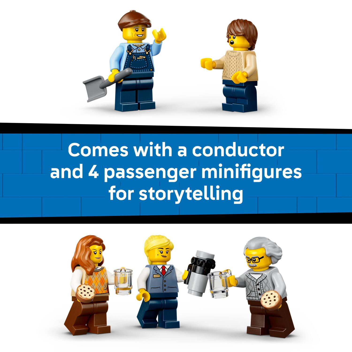 Comes with a conductor and 4 passenger minifigures for storytelling