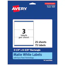 Avery - Matte Rectangle Labels, 3-1/4" x 8-3/8", 75 Labels - White