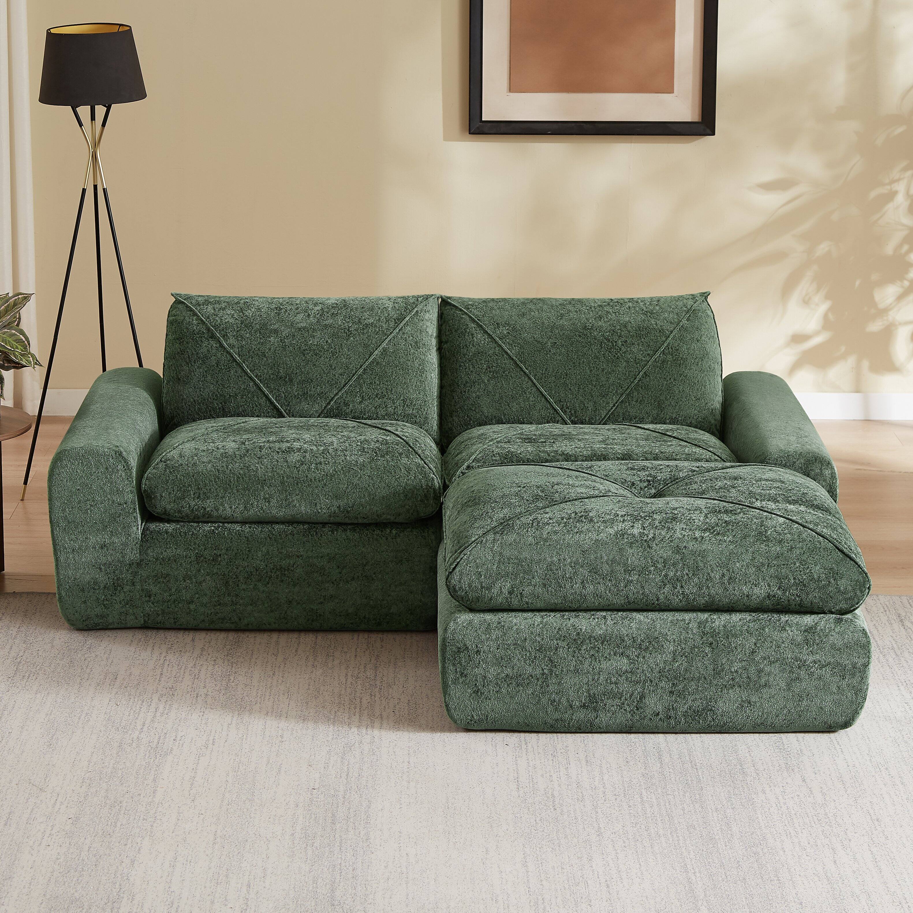 Back. Loheer - Loheer Modern Minimalist Chenille Sectional Sofa with Ottoman Spacious Living Room Couch for Apartments - Green.