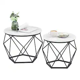 Songmics Home - Small Coffee Table Set of 2, Round Coffee Table with Steel Frame, Side End Table for Living Room, Bedroom, Office - Marble White and Ink Black