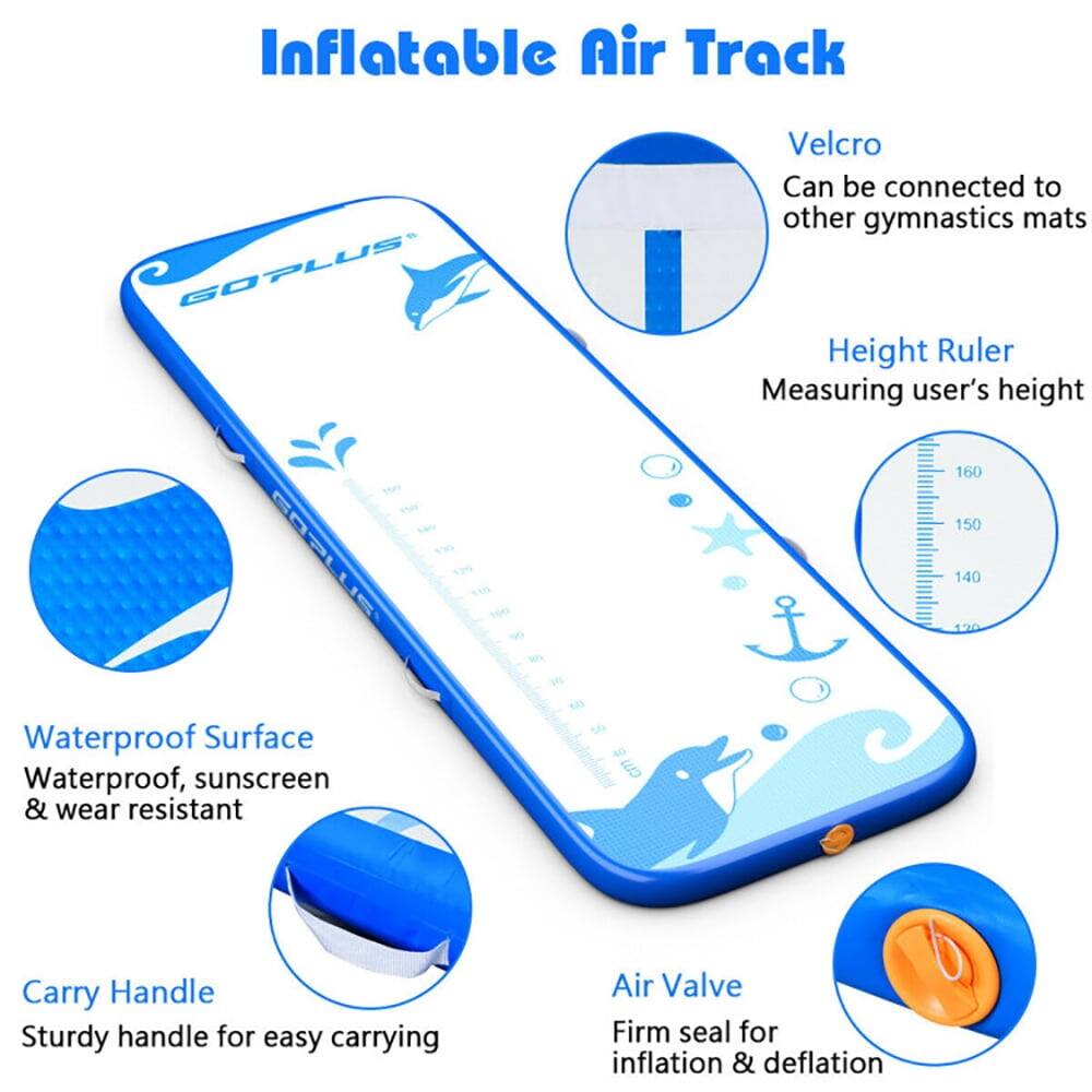 Inflatable Air Track GOPLUS

- Velcro: Can be connected to other gymnastics mats
- Height Ruler: Measuring user's height
- Waterproof Surface: Waterproof, sunscreen & wear resistant
- Carry Handle: Sturdy handle for easy carrying
- Air Valve: Firm seal for inflation & deflation