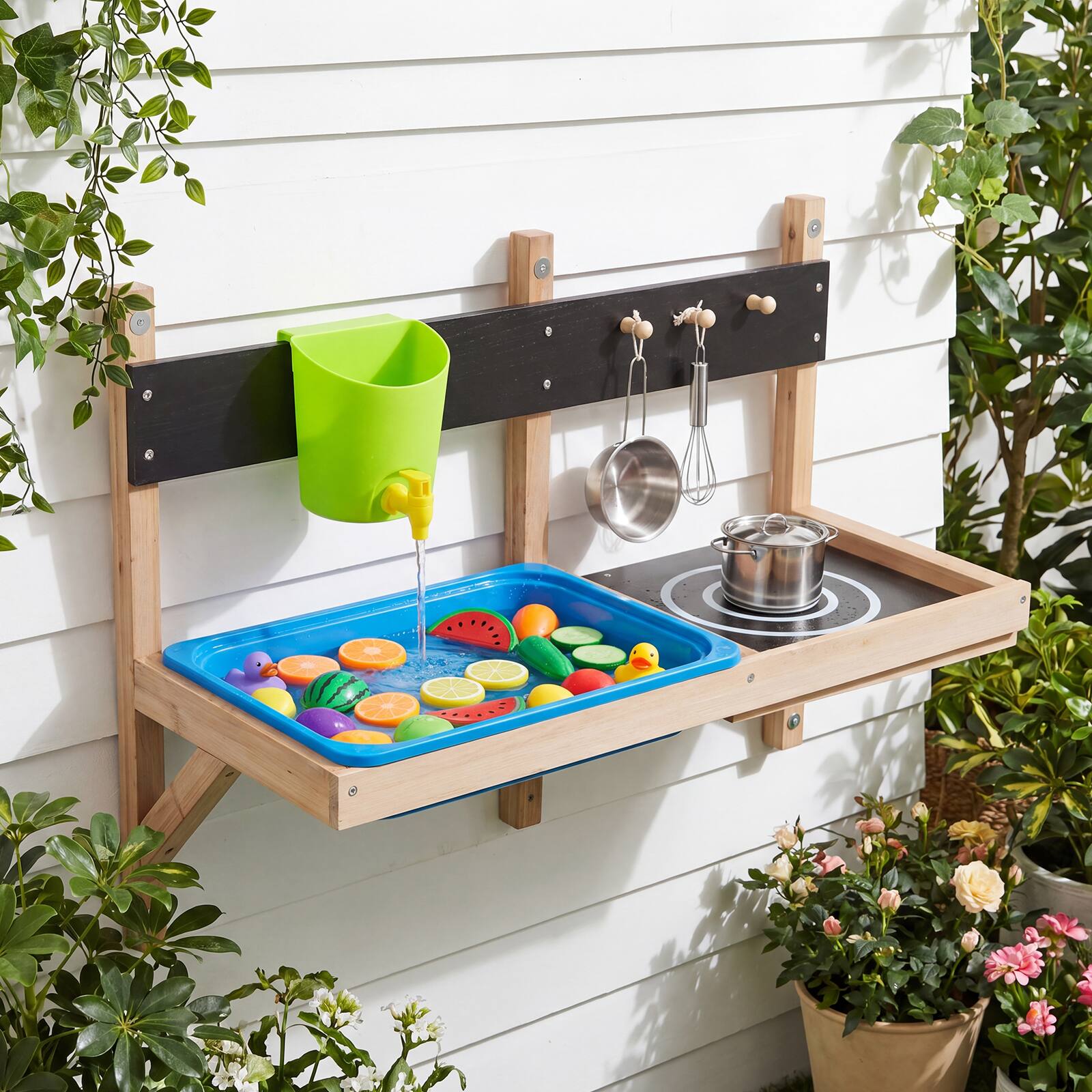 Alt View 3. Gymax - Gymax Outdoor Wall Mounted Mud Kitchen for Kids Wooden Play Kitchen w/ Sink Faucet - Multicolor.