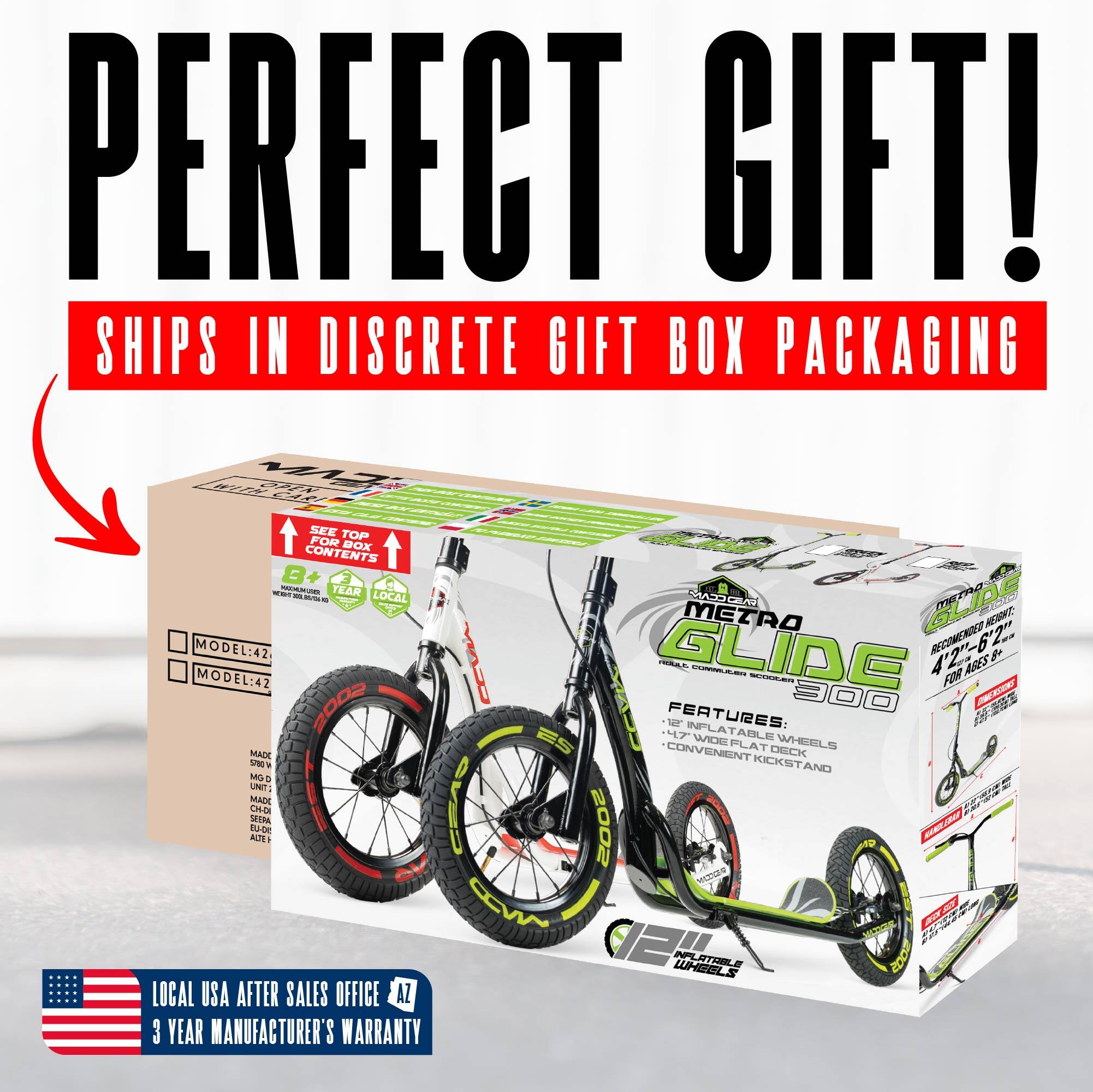 PERFECT GIFT!  
SHIPS IN DISCRETE GIFT BOX PACKAGING  

MODEL: 42  
MODEL: 42  

FEATURES:  
- INFLATABLE WIDE FLAT WHEELS  
- CONVENIENT KICKSTAND  

LOCAL USA AFTER SALES OFFICE AZ  
3 YEAR MANUFACTURER'S WARRANTY