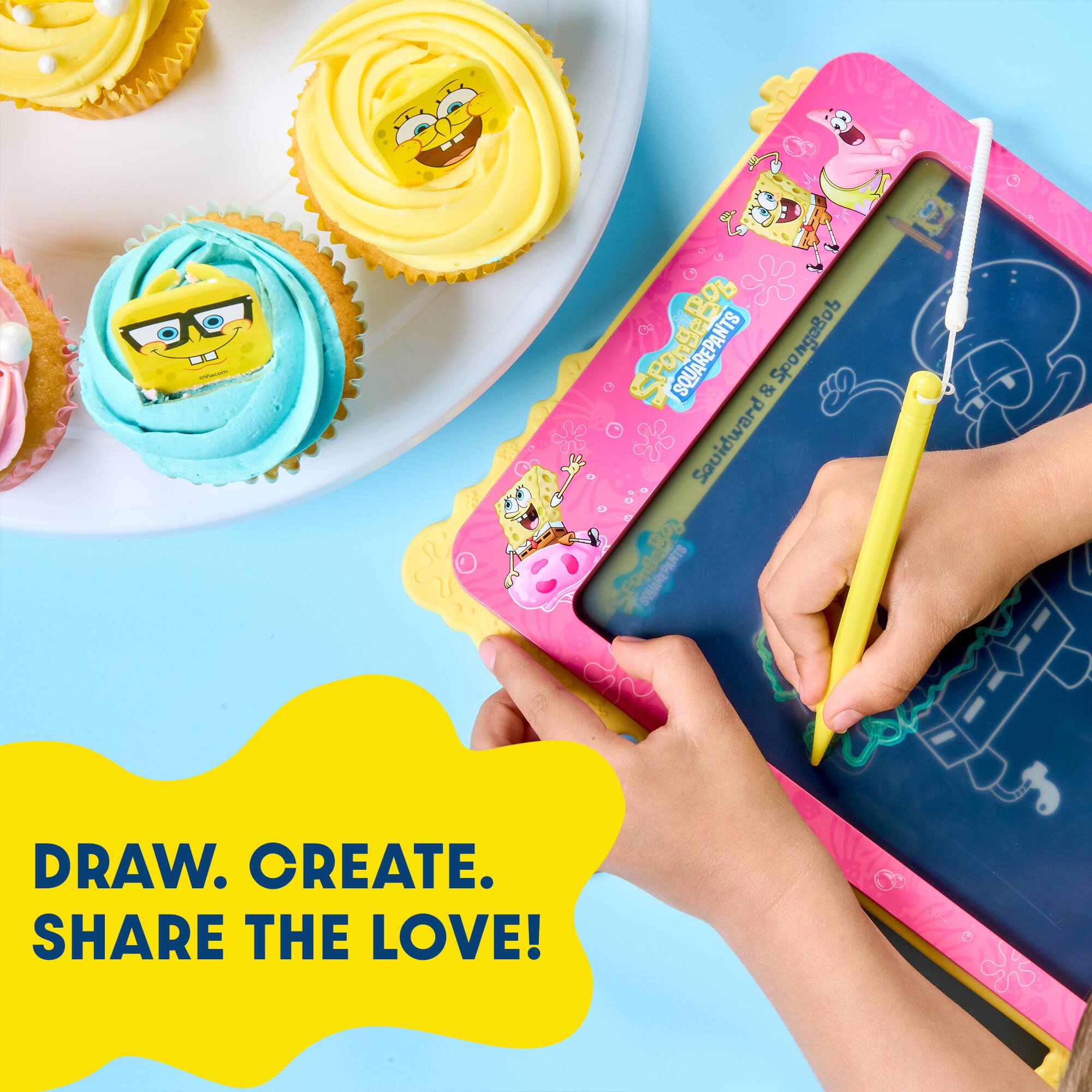 Sure! Here is the corrected and grouped text from the image:

---

**DRAW. CREATE. SHARE THE LOVE!**

**SQUIDWARD & SPONGEBOB SQUAREPANTS**

---

The text is now properly grouped and corrected.