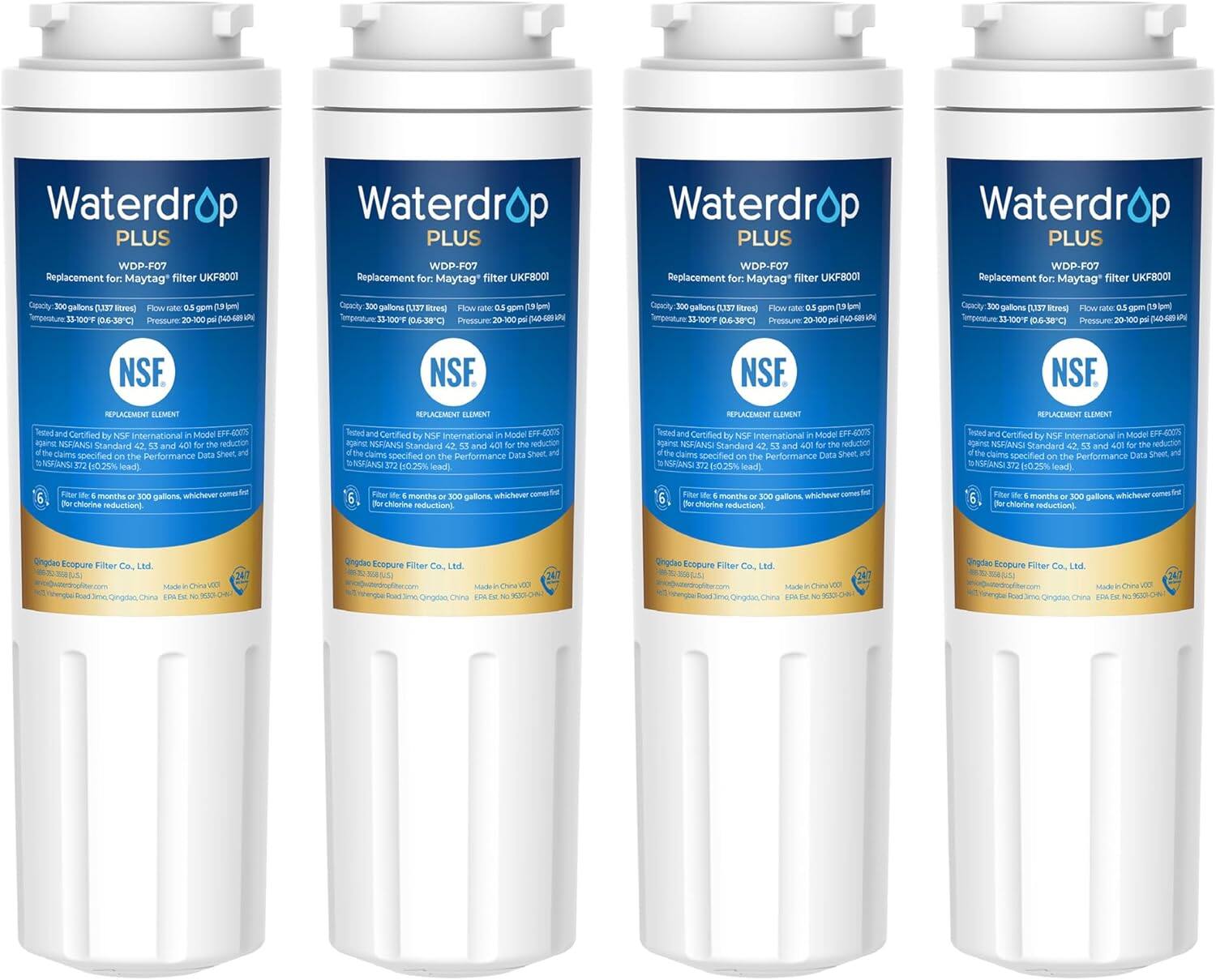 Waterdrop PLUS  
WDP-F07  
Replacement for: Maytag filter UKF8001  

Capacity: 300 gallons (1,136 liters)  
Temperature: 33-100°F (0-38°C)  
Flow rate: 0.5 gpm (1.9 lpm)  
Pressure: 20-100 psi (1.4-6.9 bar)  

NSF  
REPLACEMENT ELEMENT  

Tested and Certified by NSF International in Model EF-4002  
Reduces 99.9% of lead, mercury, and other contaminants  
Reduces 99.9% of lead, mercury, and other contaminants  
Reduces 99.9% of lead, mercury, and other contaminants  
Reduces 99.9% of lead, mercury, and other contaminants  

Filter life is 6 months or 300 gallons, whichever comes first  
Filter life is 6 months or 300 gallons, whichever comes first  
Filter life is 6 months or 300 gallons, whichever comes first  
Filter life is 6 months or 300 gallons, whichever comes first  

Single