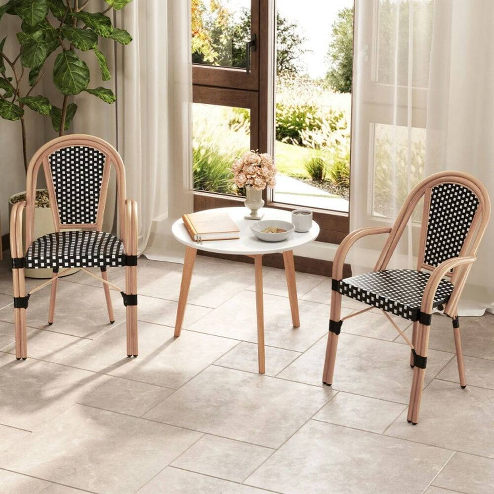 Alt View 5. Pefilos - Hand-Woven PE Wicker Outdoor French Bistro Chairs Set of 2, Seating & Patio Chair for Outdoor as Garden, Yard, Black - Black.