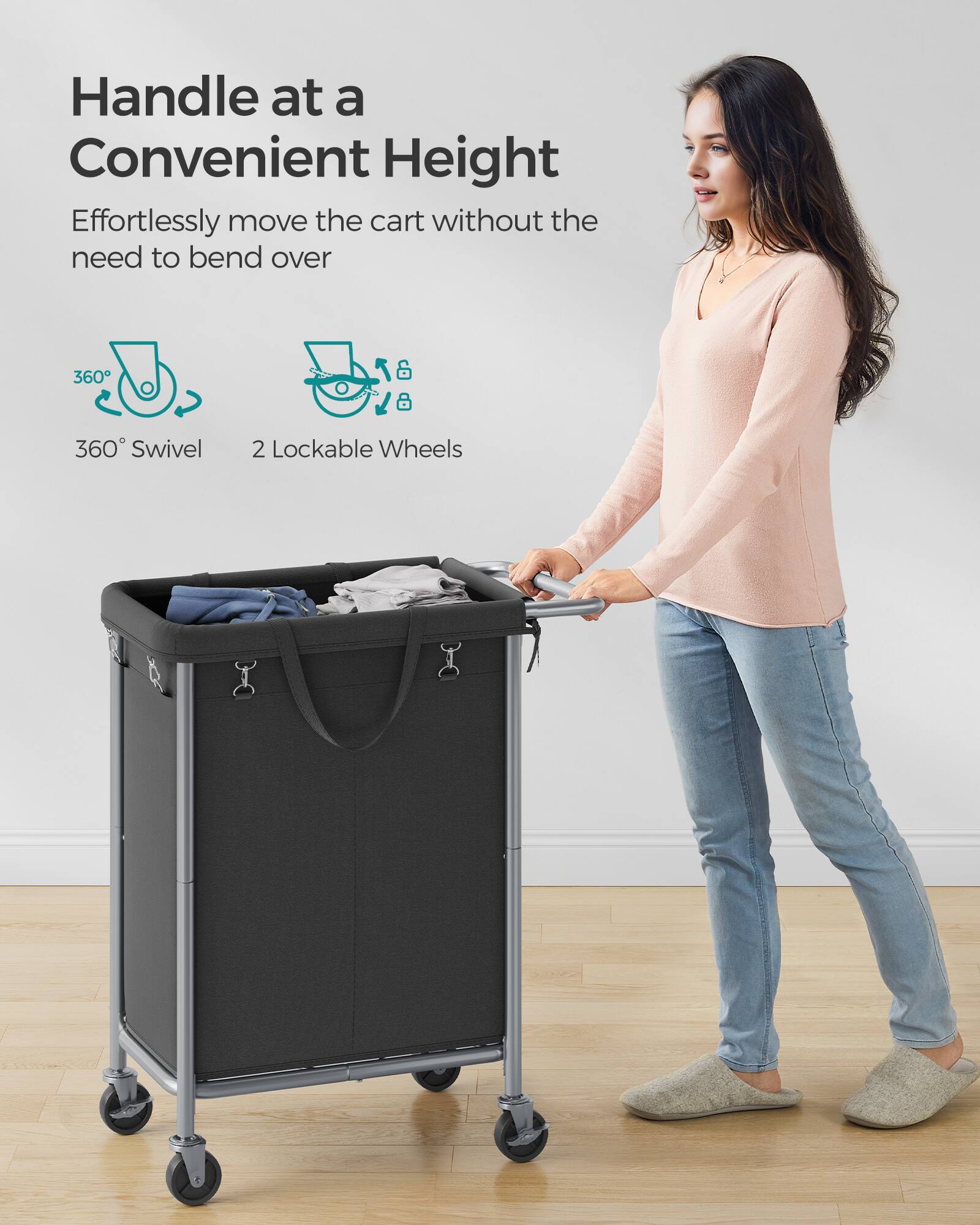 Handle at a Convenient Height

Effortlessly move the cart without the need to bend over

360° Swivel

2 Lockable Wheels