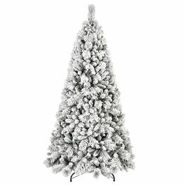 RYHNUYNE - 8FT Flocked Pre-Lit Christmas Tree, 600 Warm White LED Lights 1445 Tips PVC Hard Needle Hinged Design - Green,White