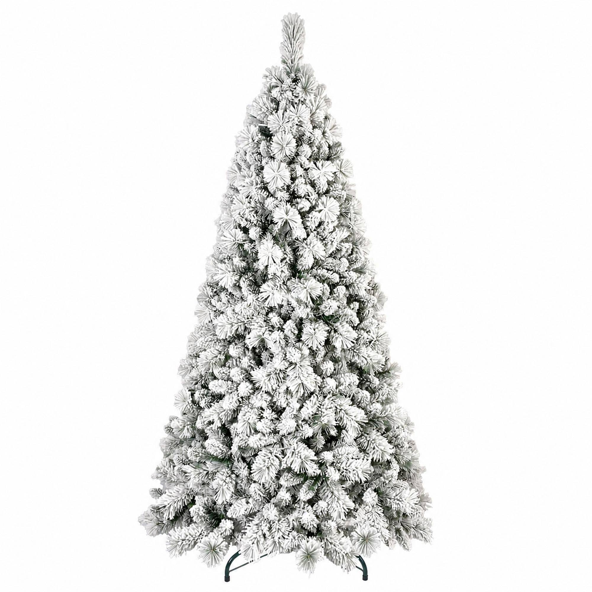 RYHNUYNE - 8FT Flocked Pre-Lit Christmas Tree, 600 Warm White LED Lights 1445 Tips PVC Hard Needle Hinged Design - Green,White