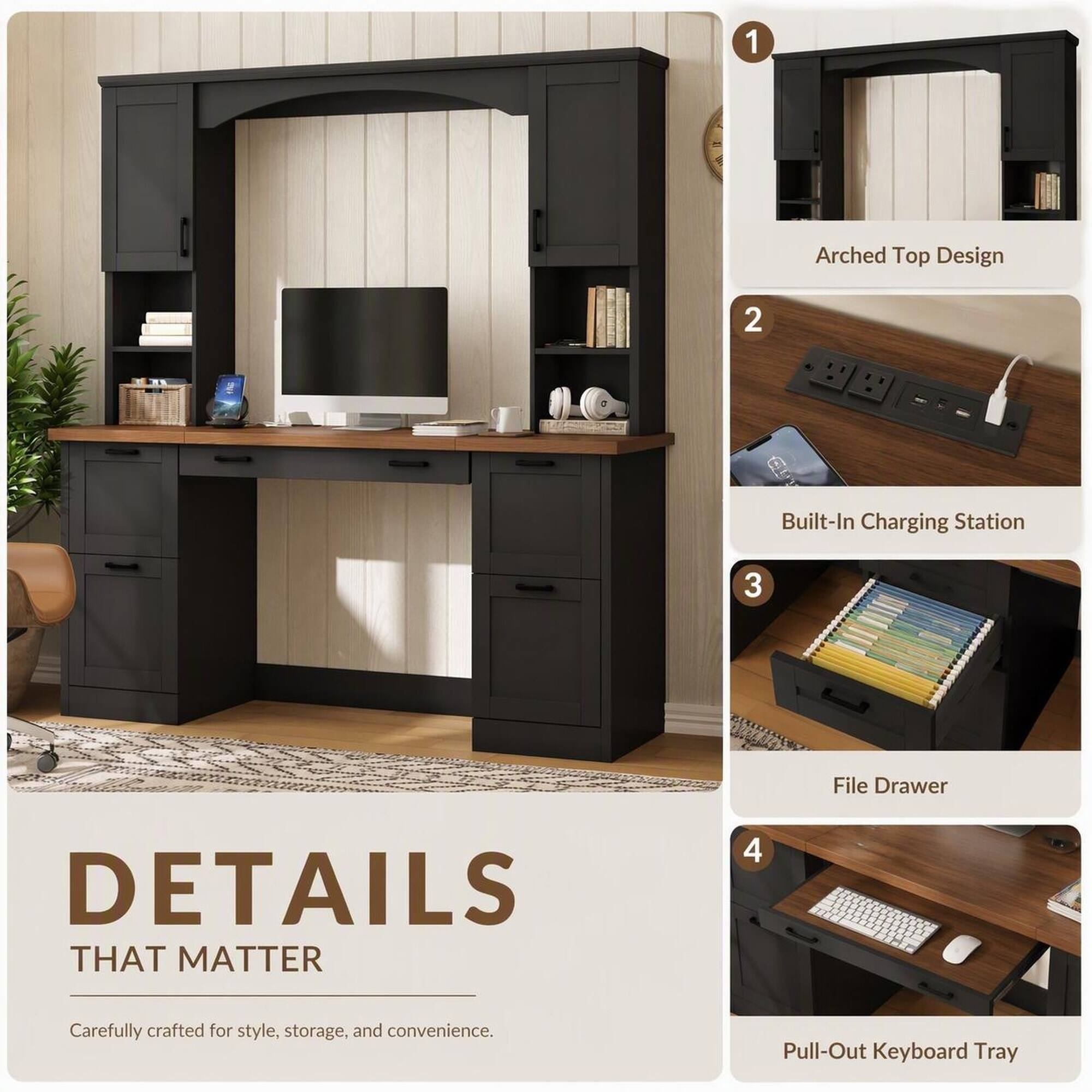 RYHNUYNE Farmhouse Arched Computer Desk with Hutch, Walnut and Finish ...