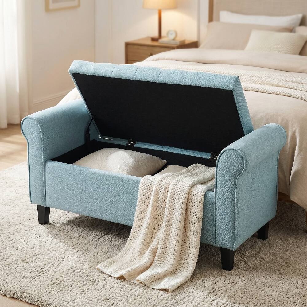 Left. Ropilly - Ropilly Light Blue Tufted Fabric Storage Bench with Rolled Arms for Bedroom Entryway - Light Blue.