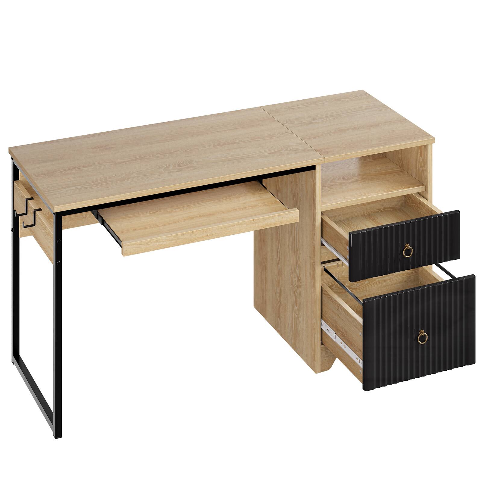 Angle. Bestier - 55inch Executive Computer desk with Keyboard Tray Modern Storage File Drawer Fluted Panel 2 Hooks - Natual Oak.