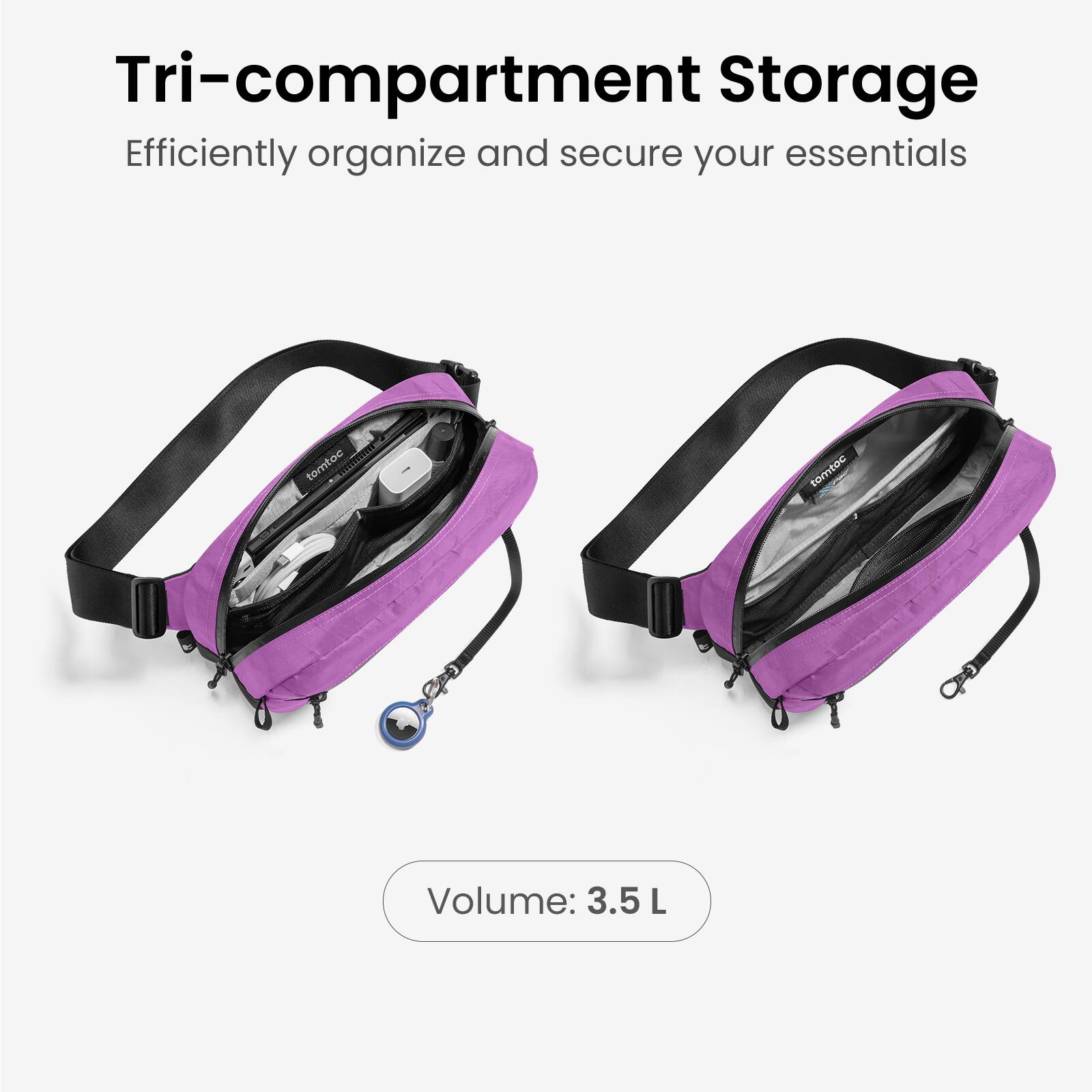 Tri-compartment Storage  
Efficiently organize and secure your essentials  

Volume: 3.5 L