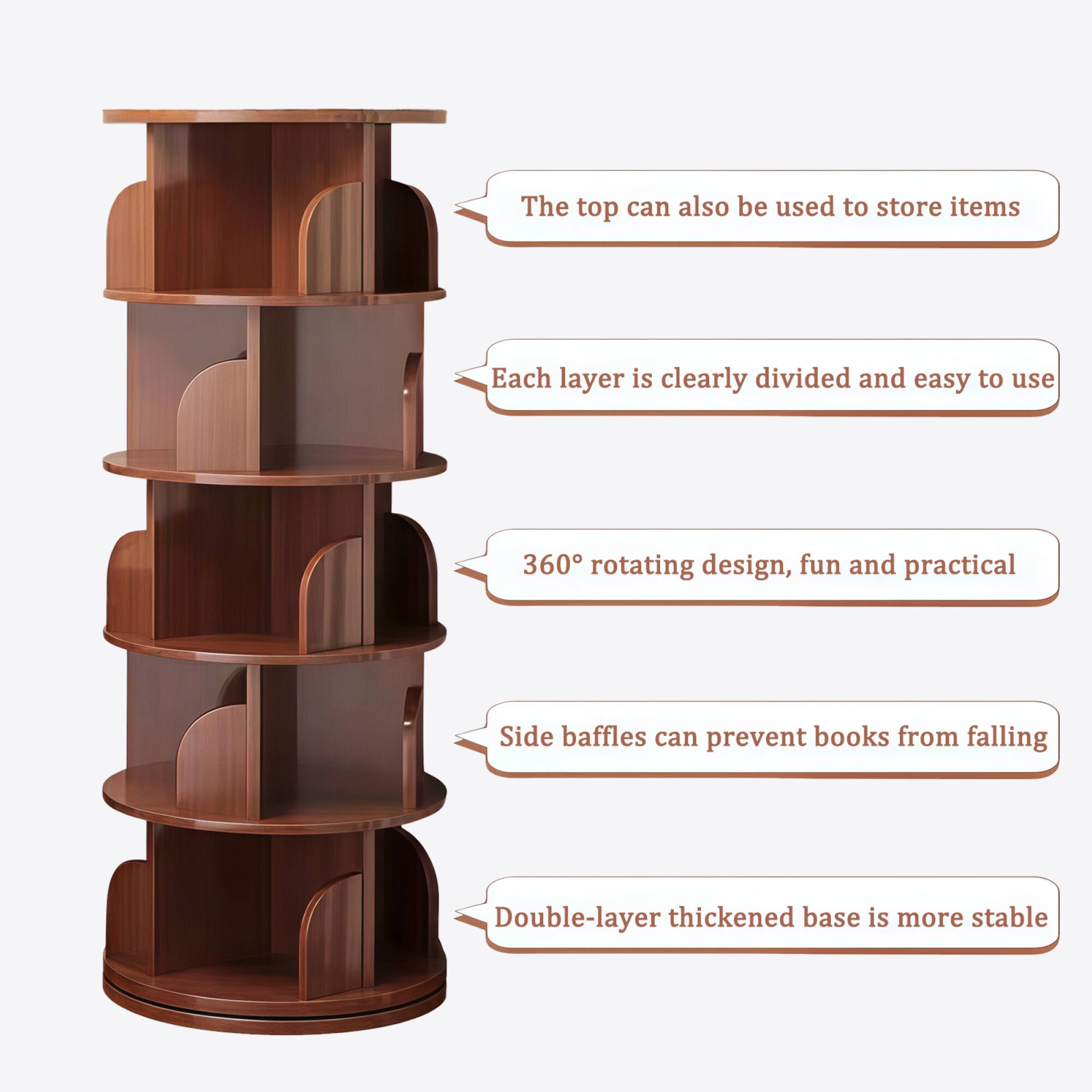 The top can also be used to store items.

Each layer is clearly divided and easy to use.

360° rotating design, fun and practical.

Side baffles can prevent books from falling.

Double-layer thickened base is more stable.