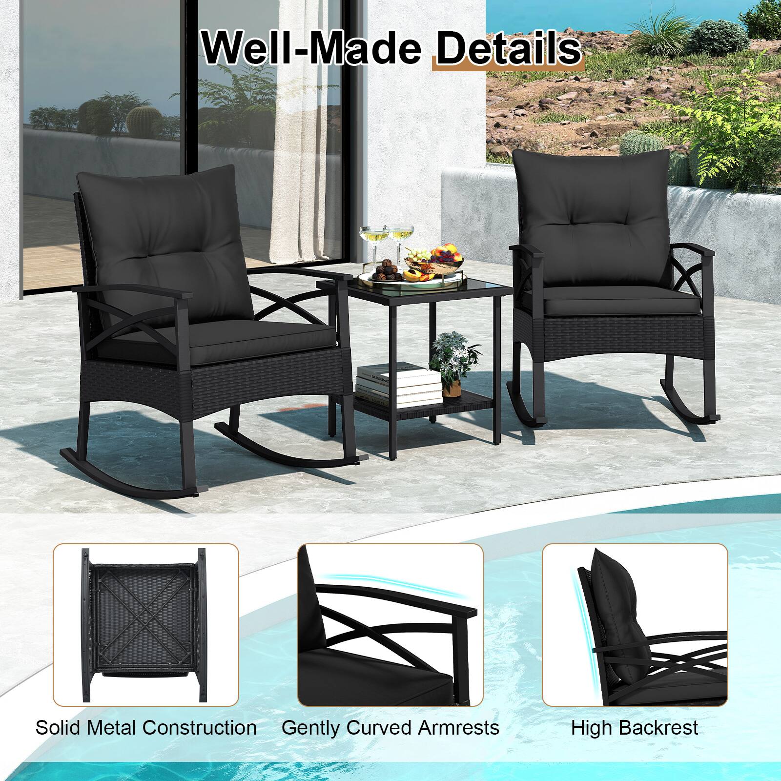 Well-Made Details  
Solid Metal Construction  
Gently Curved Armrests  
High Backrest