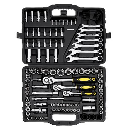 Front. VEVOR - 121-Piece Mechanics Tool Set, 1/4" 3/8" 1/2" Drive Sockets, SAE and Metric Mechanic Tool Kit with Bits, Ratchet Handle - Black.