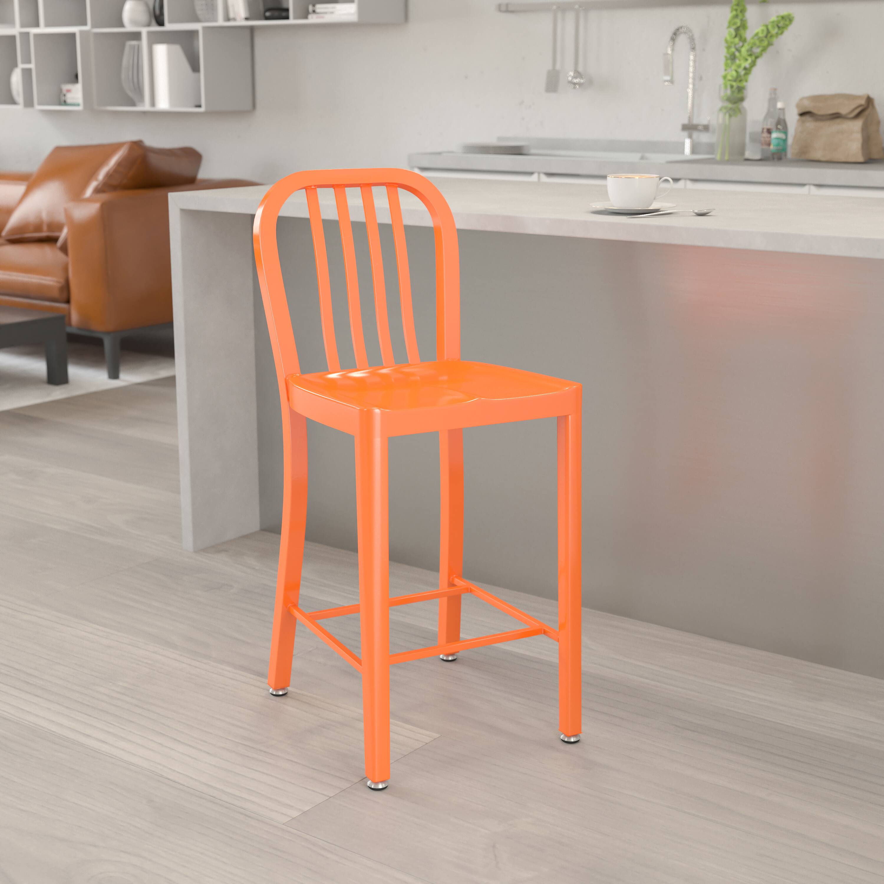 Alt View 1. Emma + Oliver - Commercial Grade 24"H Colorful Metal Indoor-Outdoor Vertical Slat Counter Stool - Orange.