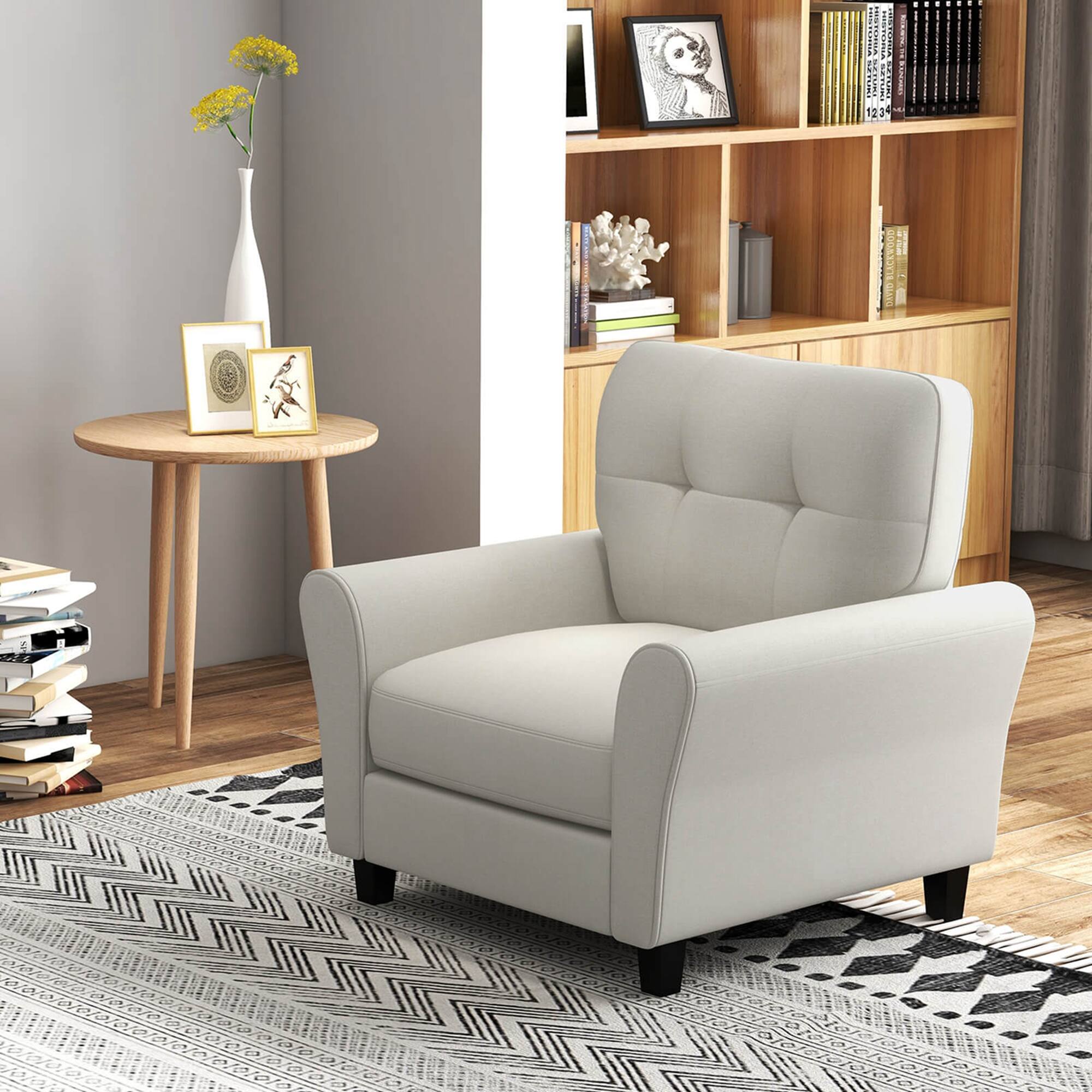 Angle. Costway - Modern Upholstered Accent Chair with Rubber Wood Legs - Beige.
