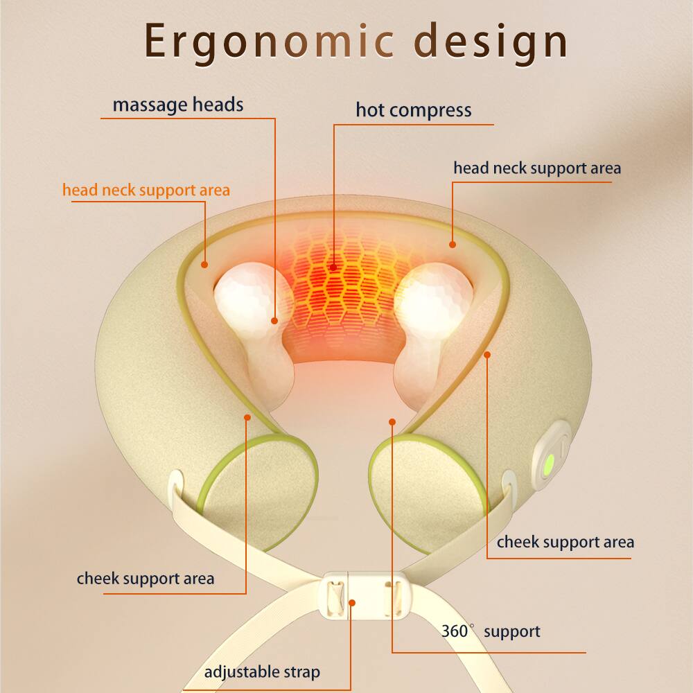 Ergonomic design

- Massage heads
- Hot compress
- Head neck support area
- Cheek support area
- 360° support
- Adjustable strap