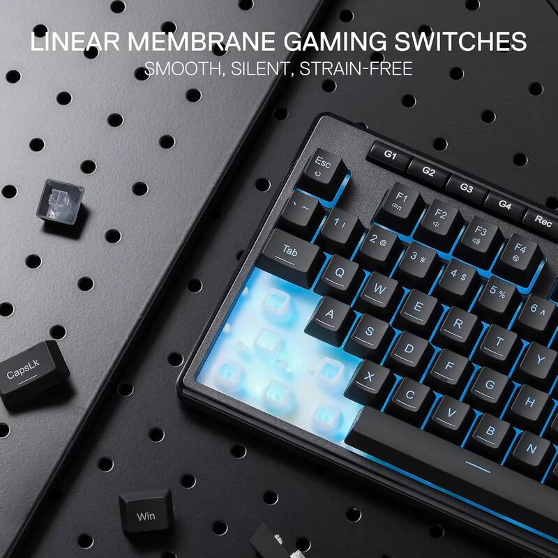 LINEAR MEMBRANE GAMING SWITCHES  
SMOOTH, SILENT, STRAIN-FREE  

CapsLk Tab Esc 1 Q A G1 G2 G3 F1 G4 F2 Rec F3 2 @ 4 F4 3 # 4 $ W 5 % E 6 R S T D F Y x G C H V B N Win