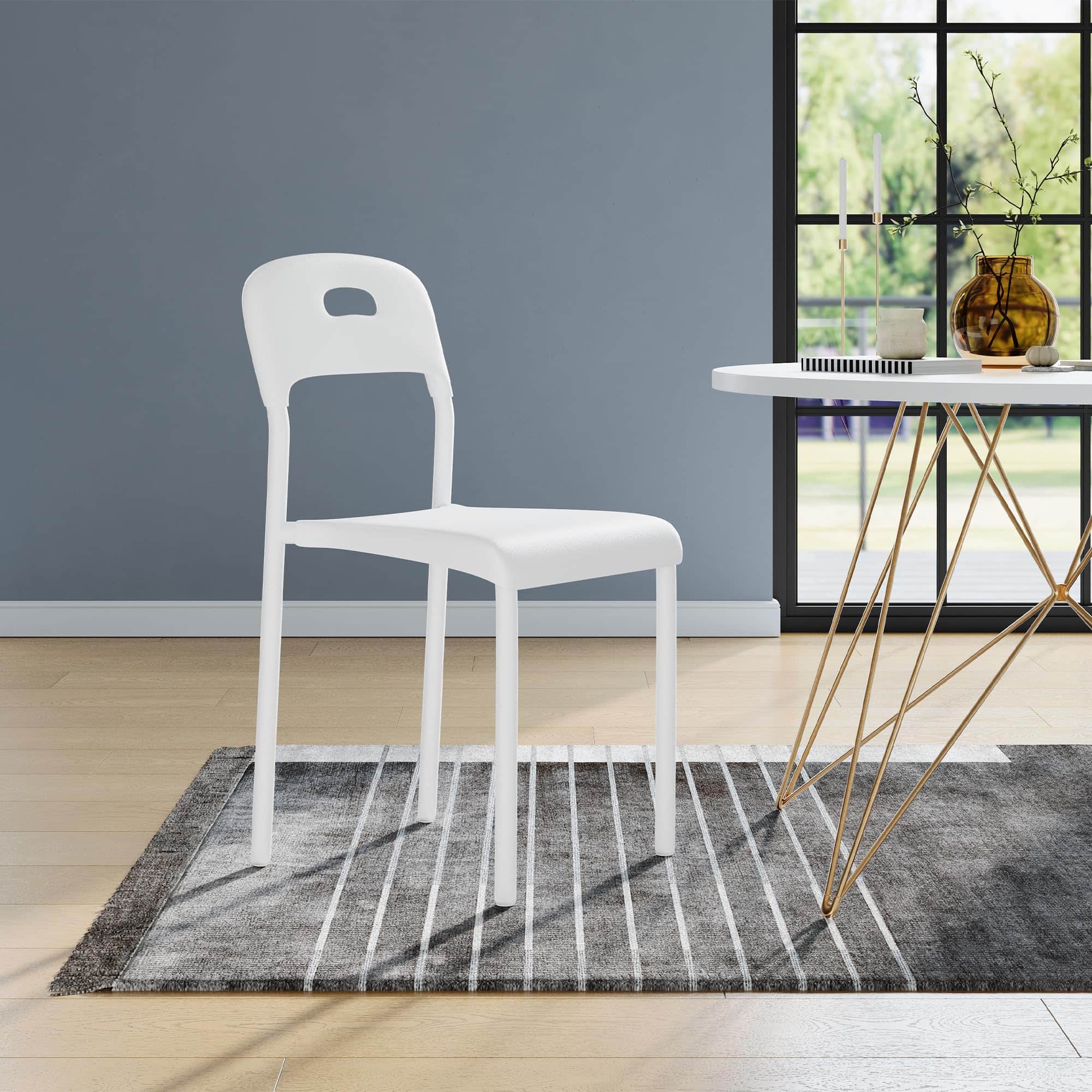 Homhougo - Dining Chairs Set of 1, Stackable Modern Kitchen Chairs, Plastic Dining Room Chair with Metal Legs - White