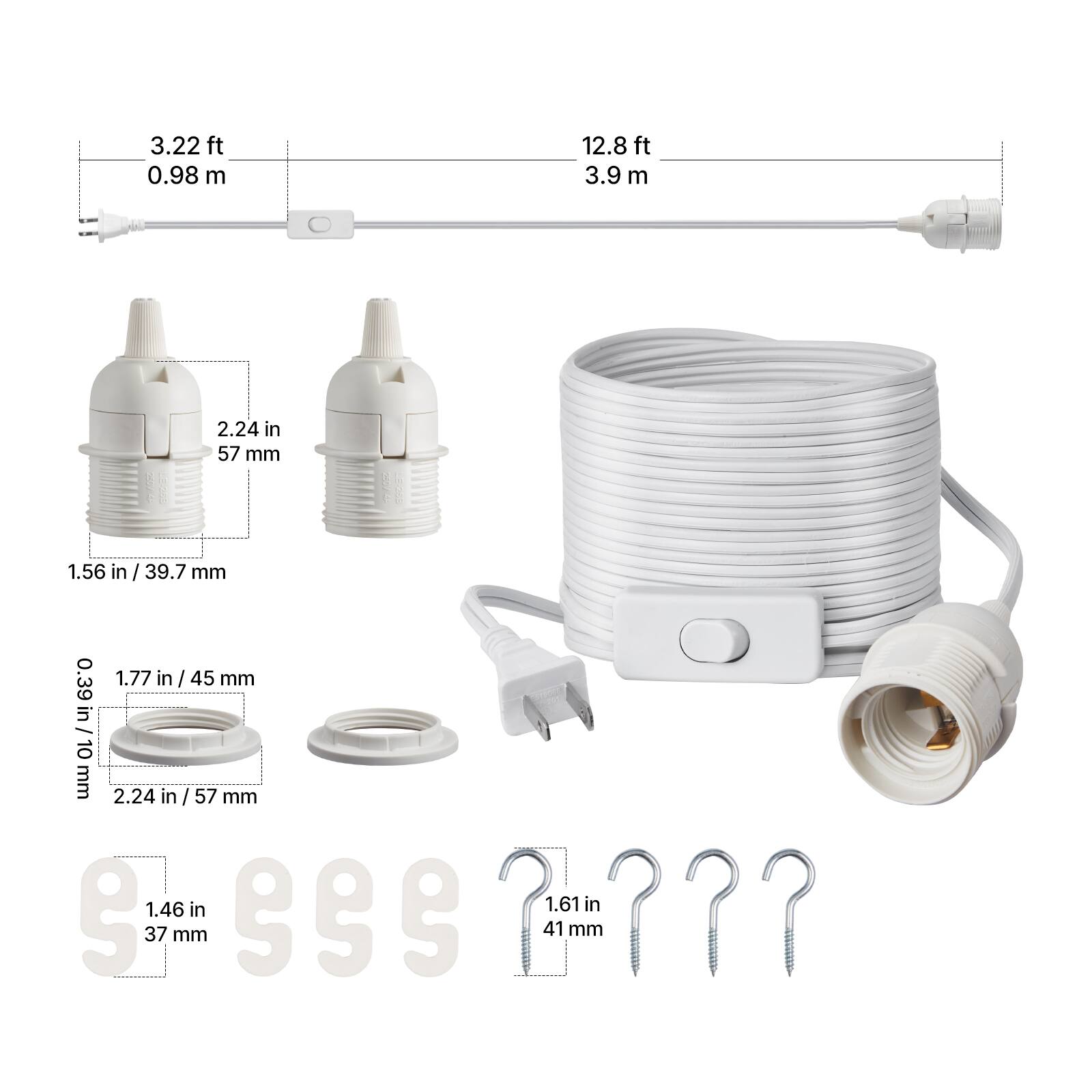 3.22 ft  
0.98 m  

12.8 ft  
3.9 m  

2.24 in  
57 mm  

1.56 in  
39.7 mm  

0.39 in / 10 mm  

1.77 in / 45 mm  

2.24 in / 57 mm  

1.46 in  
37 mm  

1.61 in  
41 mm