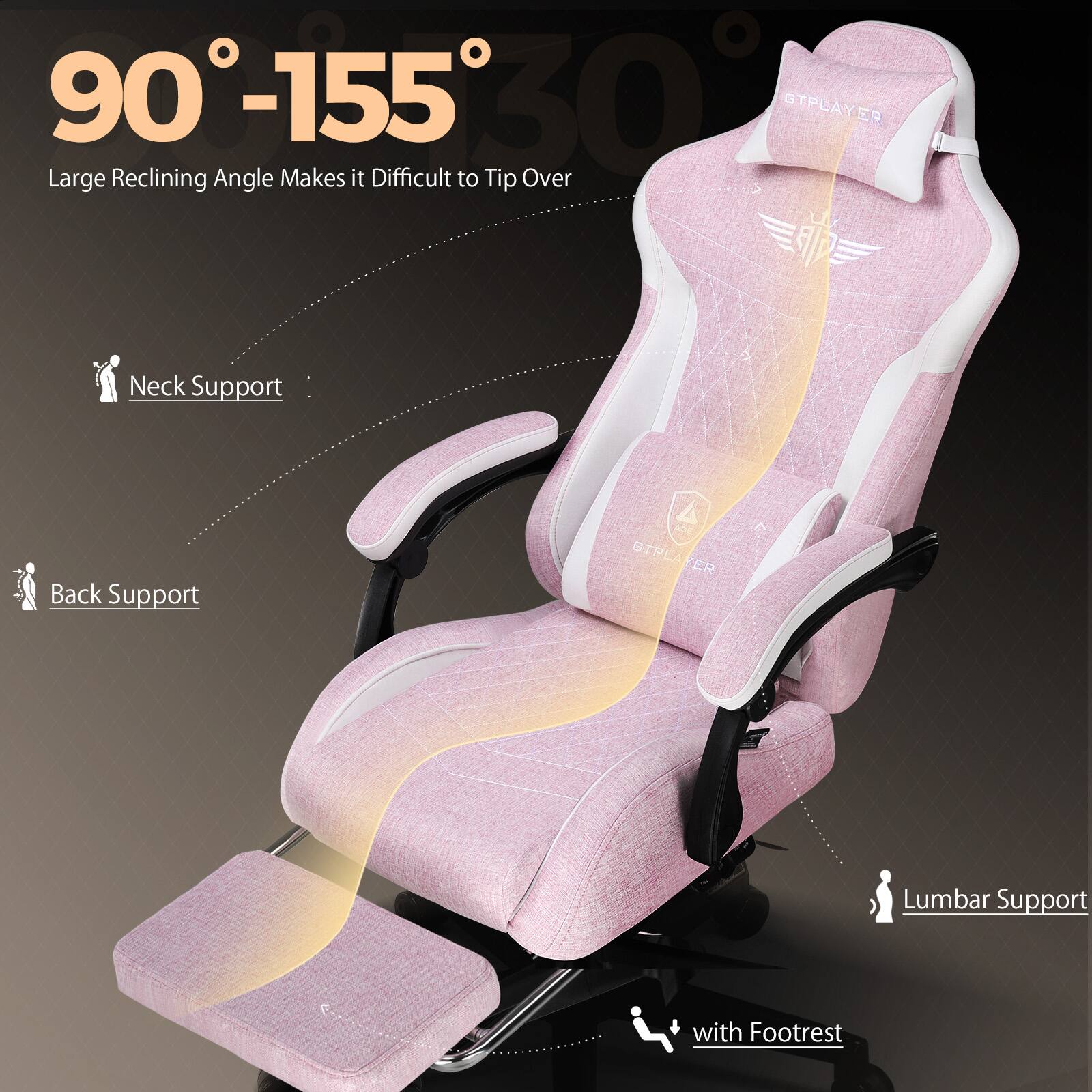 90°-155°  
Large Reclining Angle Makes it Difficult to Tip Over  

Neck Support  
Back Support  
Lumbar Support  
with Footrest