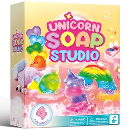 UNICORN SOAP STUDIO
UNICORN SOAP Red Blue STUDIO
4 FUN MOLDS
AGE 6+
WARNING: CHOKING HAZARD Small Parts
ATTENTION: RISQUE D'TOUFFEMENT Petite pièce Ne convient pas aux enfants de moins de 3 ans.
Not for children under 3 yrs.