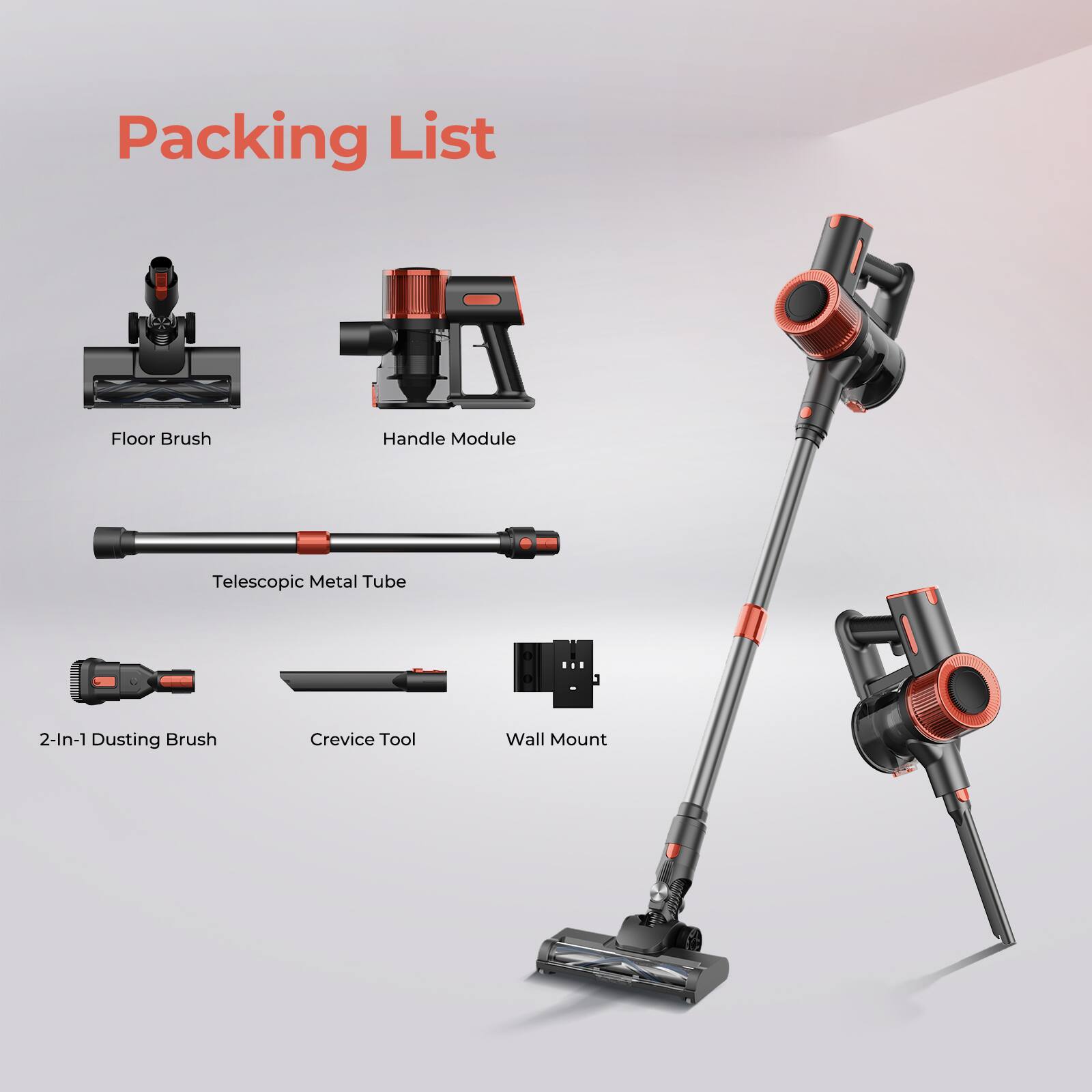 Packing List:

1. Floor Brush
2. Handle Module
3. Telescopic Metal Tube
4. 2-In-1 Dusting Brush
5. Crevice Tool
6. Wall Mount