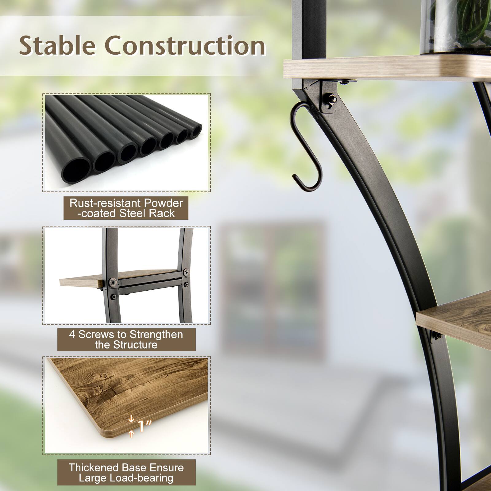 Stable Construction

- Rust-resistant Powder-coated Steel Rack
- 4 Screws to Strengthen the Structure
- Thickened Base Ensure Large Load-bearing