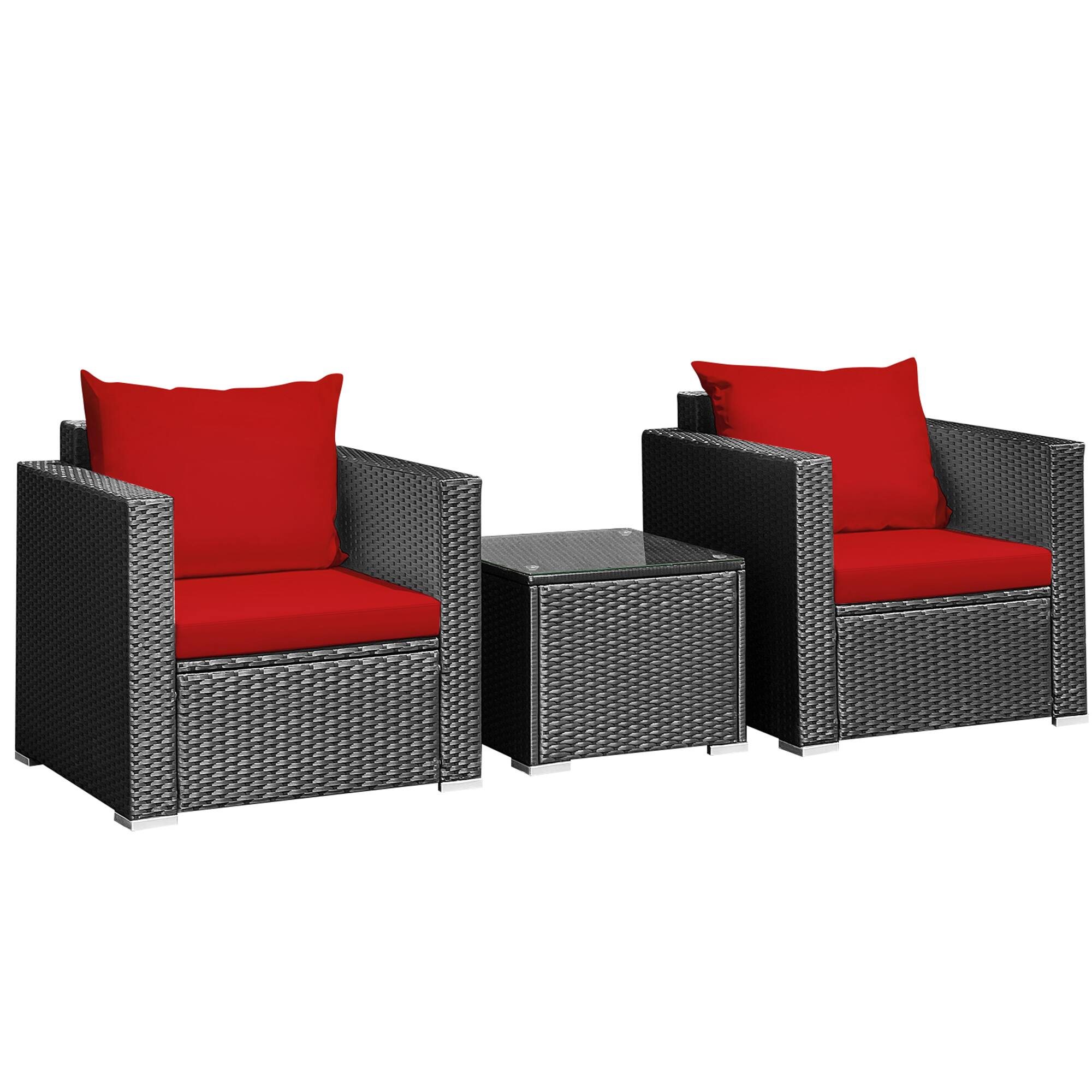 Alt View 1. Gymax - Gymax 3PCS Rattan Patio Conversation Furniture Set Outdoor w/ Red Cushions - Black.