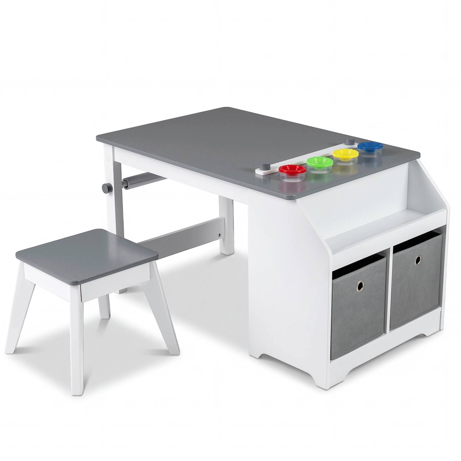 Alt View 9. Gymax - Gymax Kids Art Table & Stool w/Paper Roll 2 Bins & Large Storage for Drawing Reading - Grey.