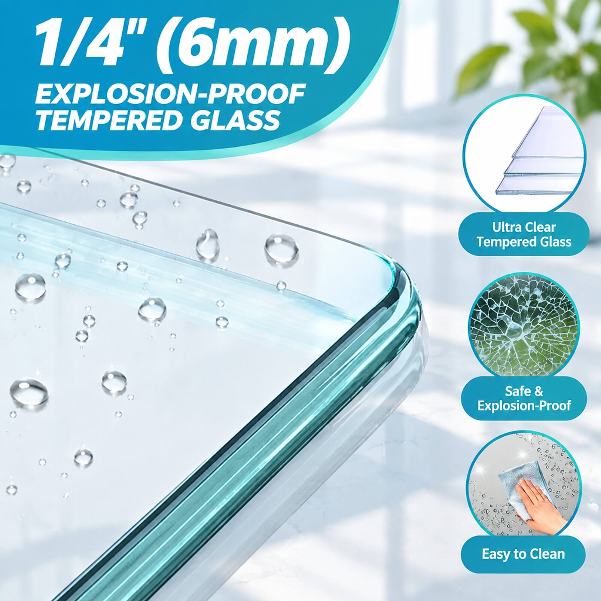 1/4" (6mm) EXPLOSION-PROOF TEMPERED GLASS

Ultra Clear Tempered Glass

Safe & Explosion-Proof

Easy to Clean
