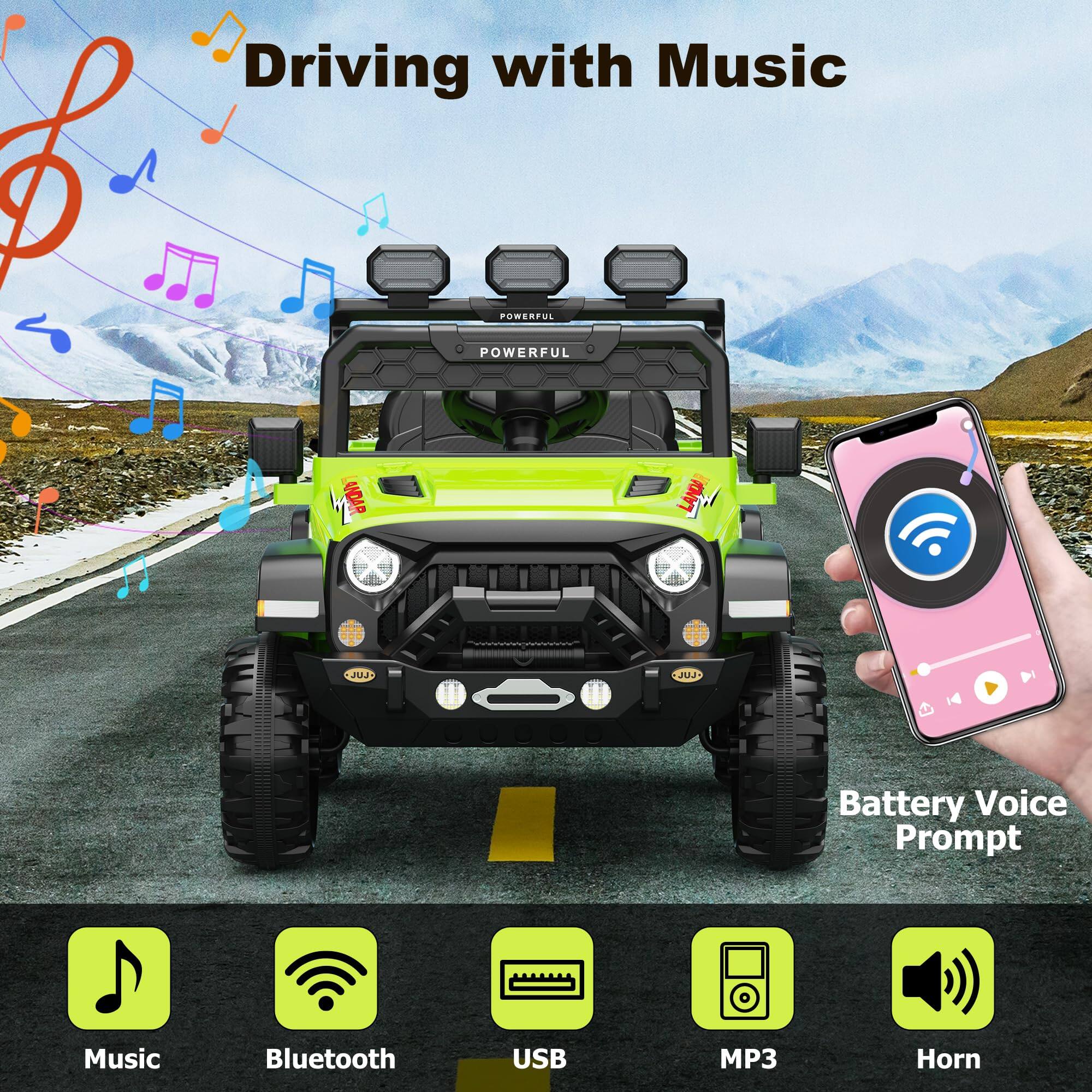 Driving with Music

- Music
- Bluetooth
- USB
- MP3
- Horn

Battery Voice Prompt