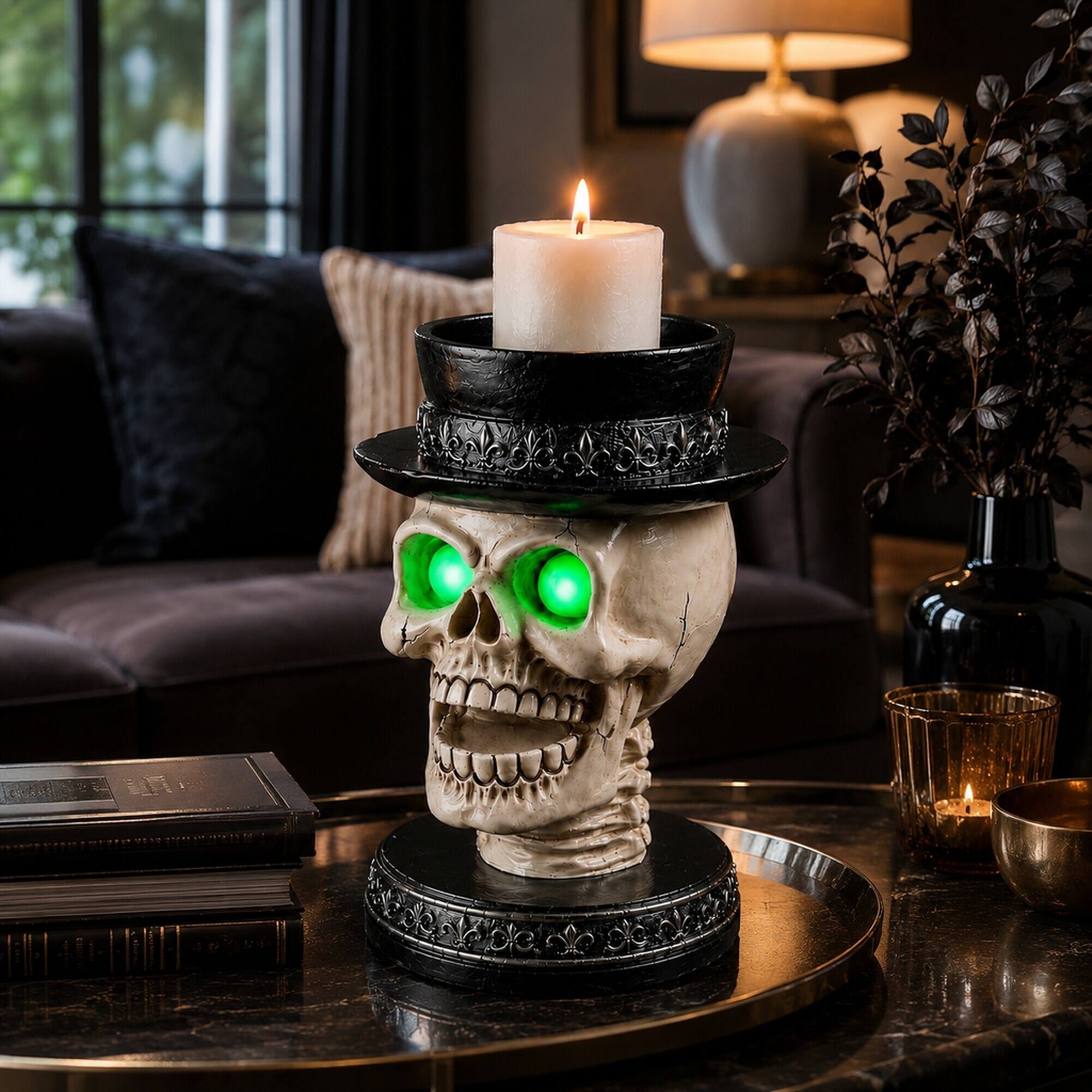 Angle. RYHNUYNE - Halloween Skull Candle Holder with Glowing Green LED Eyes and Top Hat, Gothic Skeleton Statue Decor for Spooky - Black.