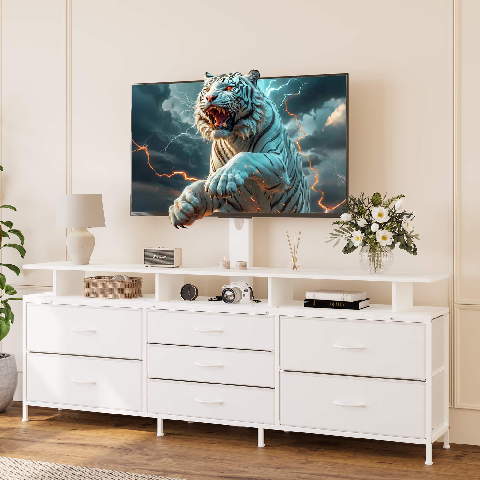 HAUSOURCE - 63" Entertainment Center Media Console Table with 7 Drawers Height Adjustable Mount Dresser TV Stand - White