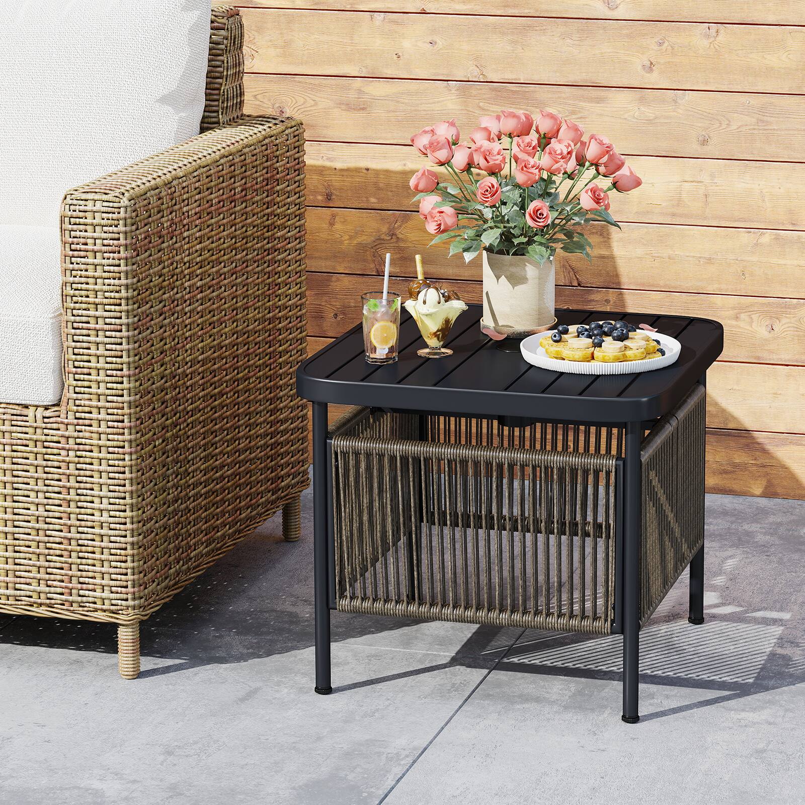 Alt View 3. Gymax - Gymax 2 PCS Outdoor PE Rattan Side Table w/ 1.57'' Umbrella Hole Square Patio End Table - Black.