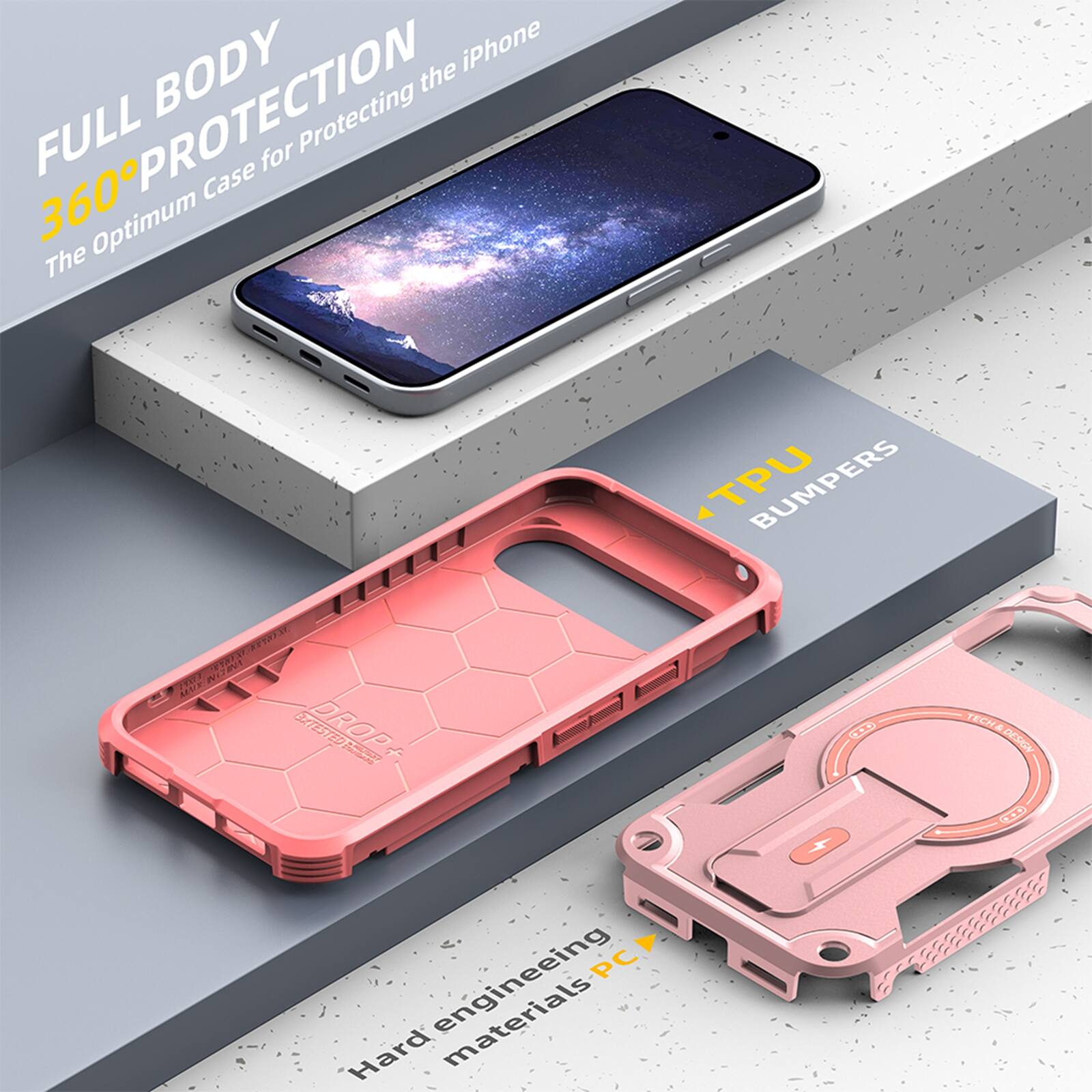 FULL BODY 360° PROTECTION  
The Optimum Case for Protecting the iPhone  

TPU BUMPERS  

Hard engineering materials PC