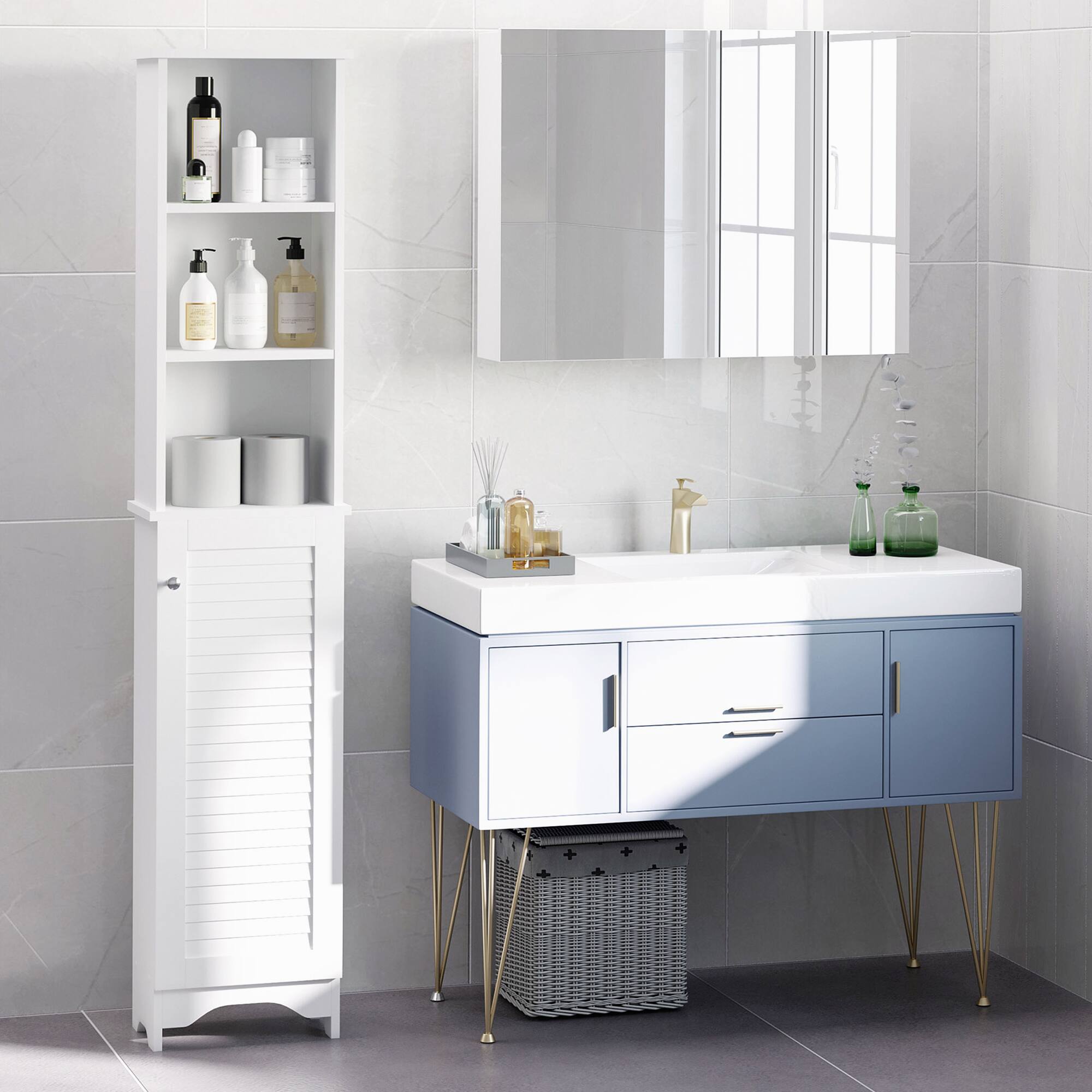 Alt View 1. Homcom - Tall Bathroom Storage Cabinet/Freestanding Linen Tower with 3-Tier Open Adjustable Shelf and Cupboard - White.