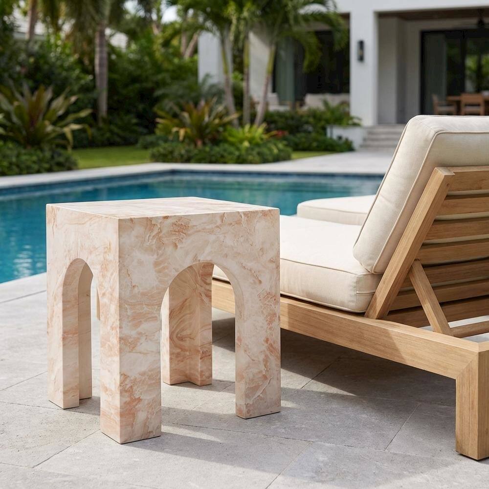 Left. Outdoor Escape - Outdoor patio arched concrete side table, sturdy design, for various spaces - Yellow.